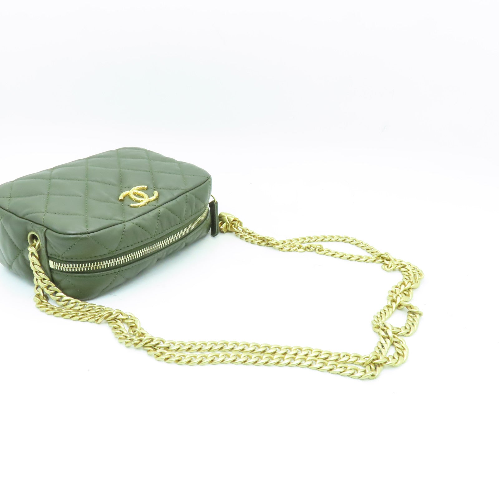 CHANEL 菱格牛皮皮革Chain Shoulder Bag金扣鏈帶肩背袋綠色