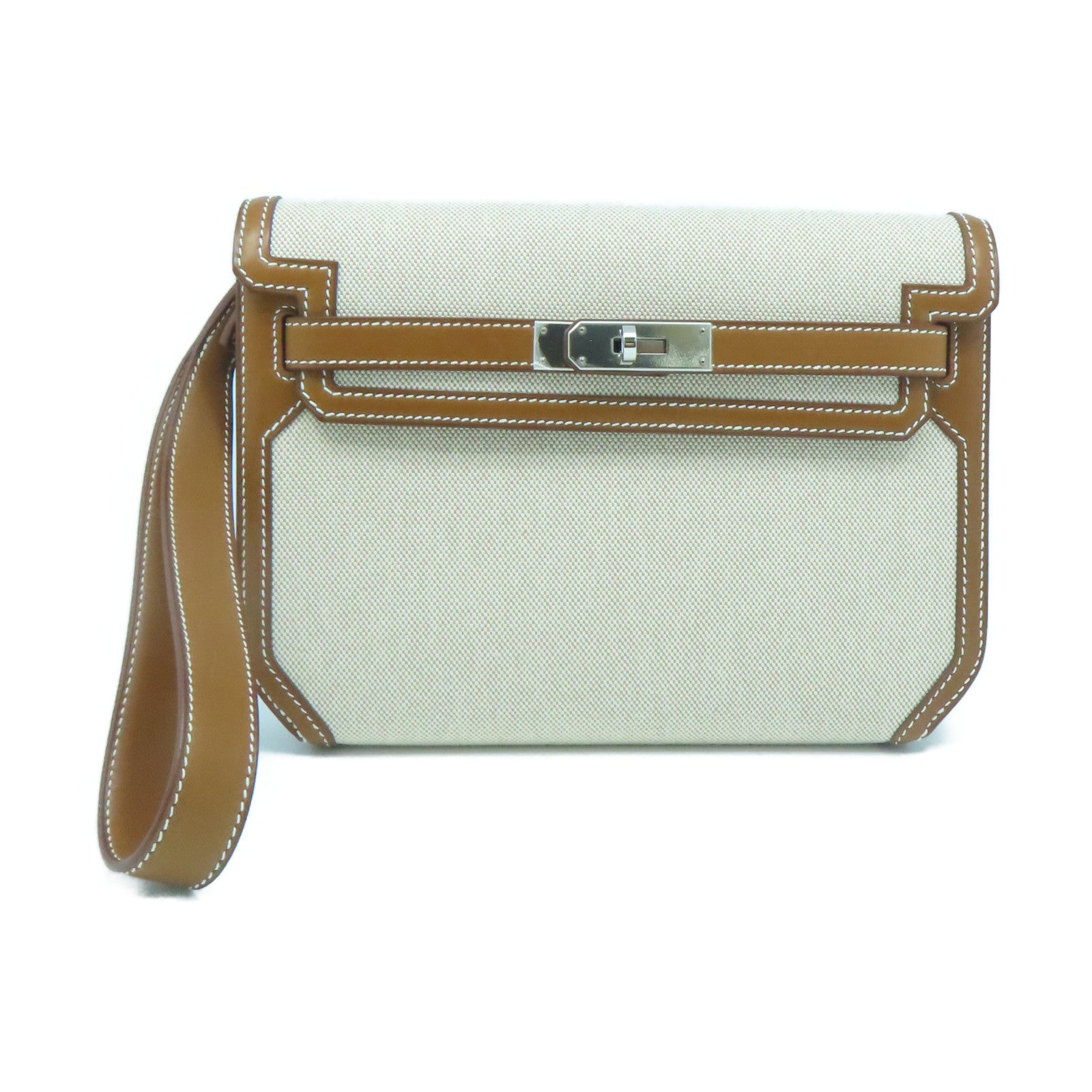 HERMES Toile帆布/Barenia皮革Kelly Depeches 25银扣手拿包白色/啡色