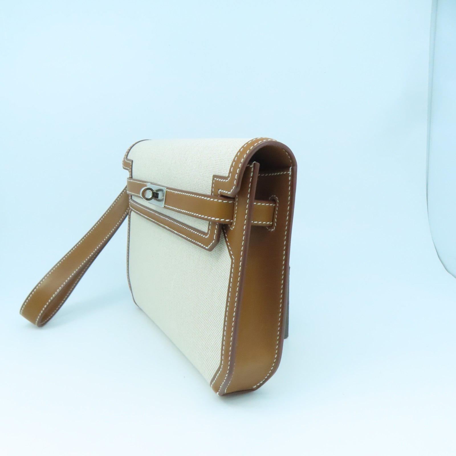HERMES Toile帆布/Barenia皮革Kelly Depeches 25银扣手拿包白色/啡色