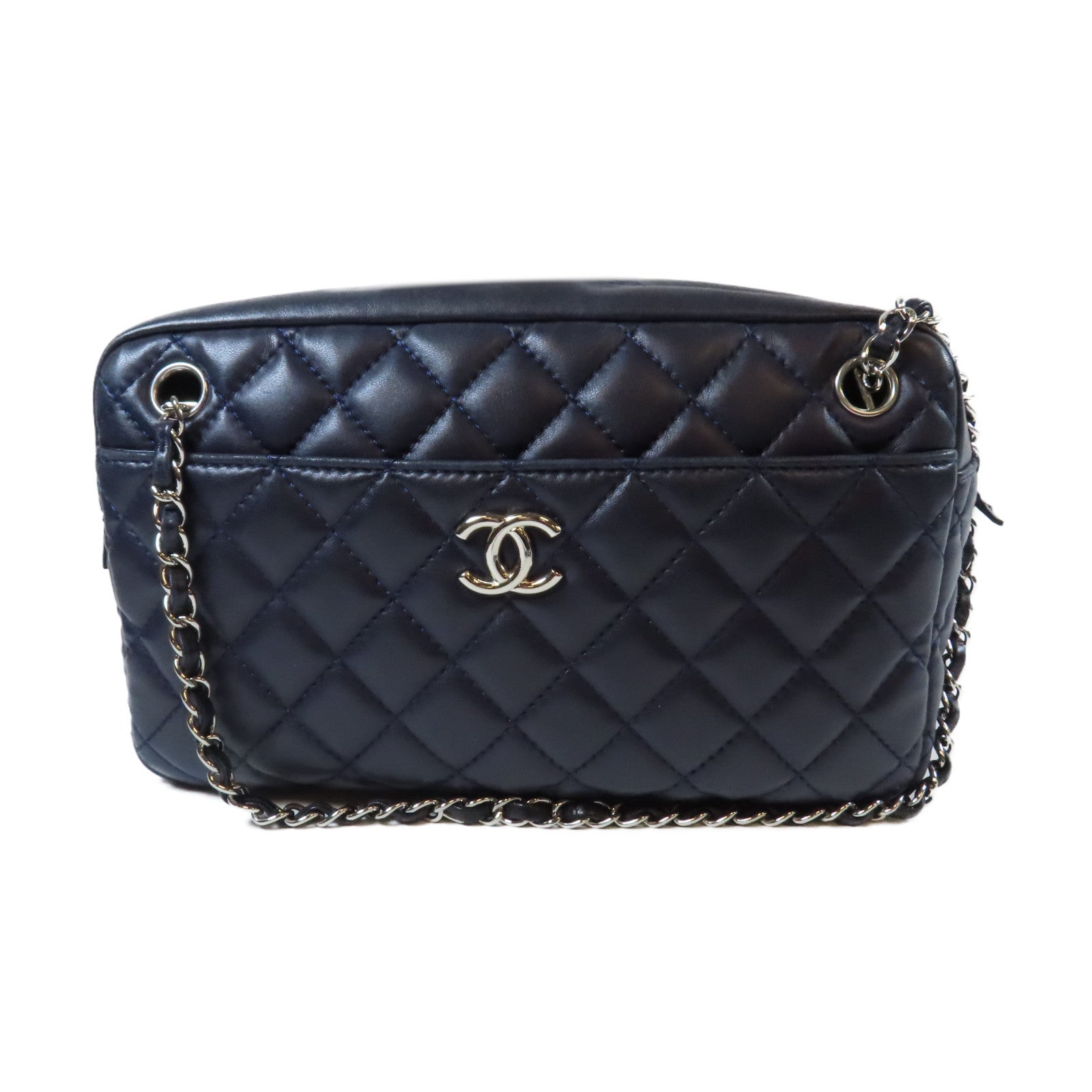CHANEL 菱格羊皮皮革Chain Shoulder銀扣鏈帶肩背袋深藍色