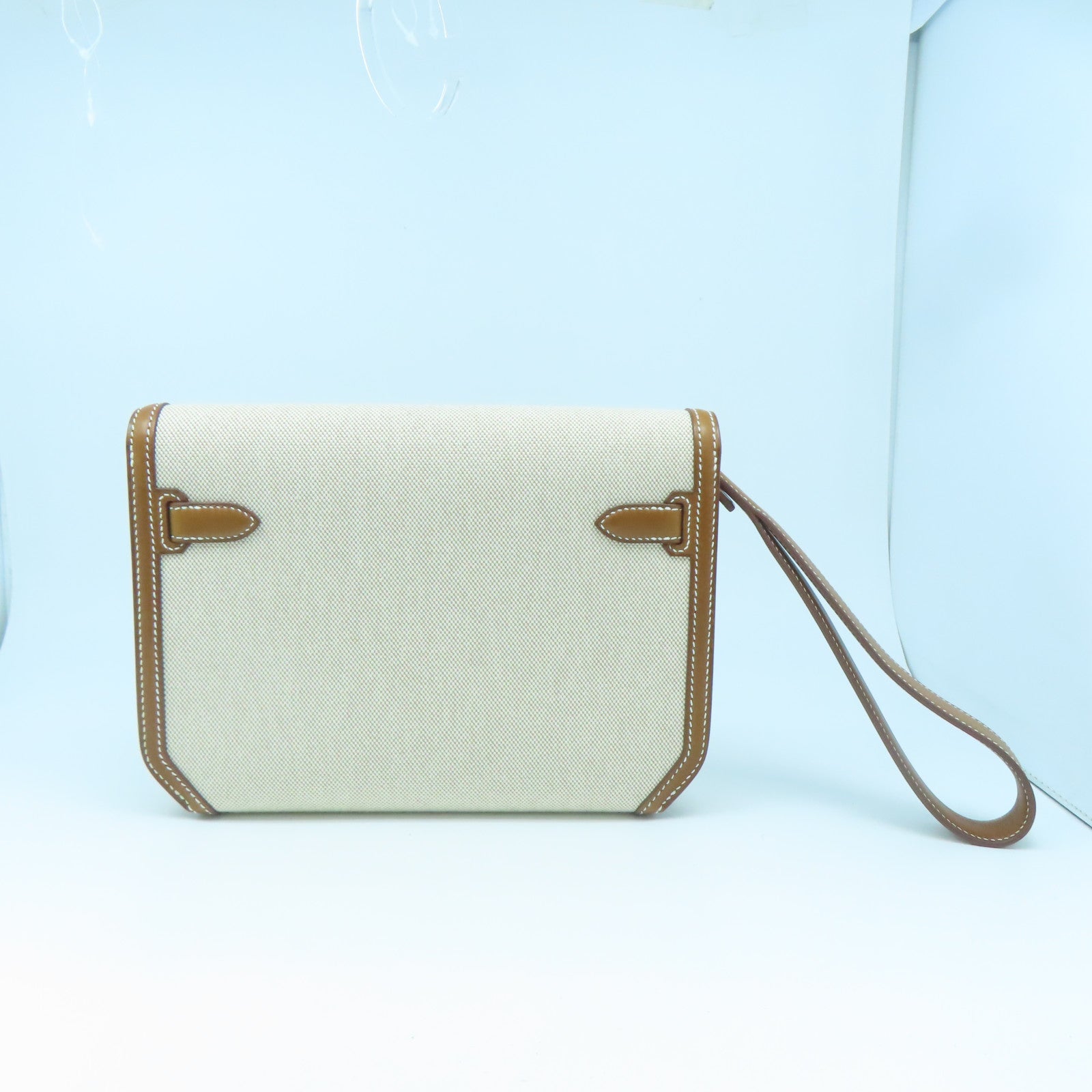 HERMES Toile帆布/Barenia皮革Kelly Depeches 25银扣手拿包白色/啡色