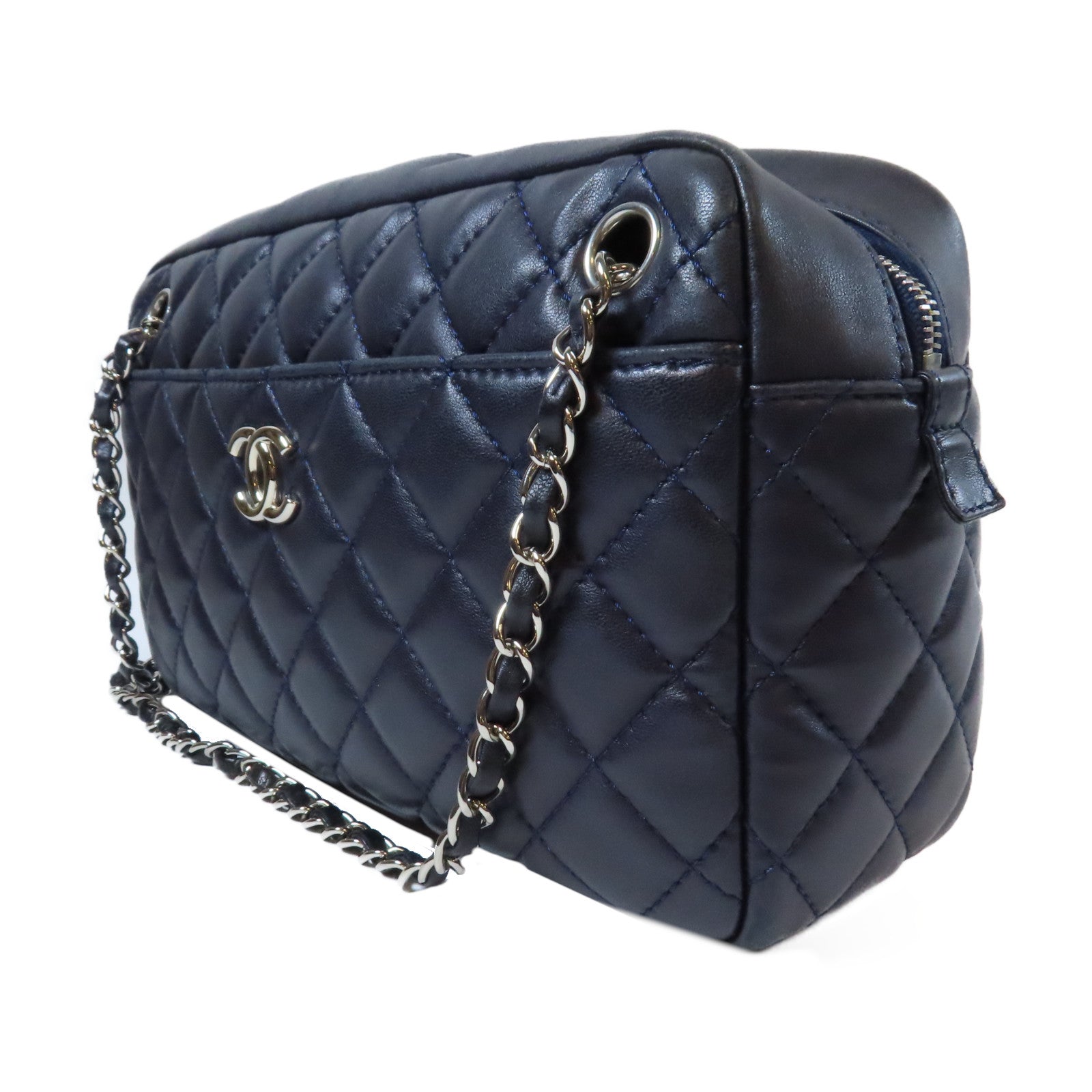 CHANEL 菱格羊皮皮革Chain Shoulder銀扣鏈帶肩背袋深藍色