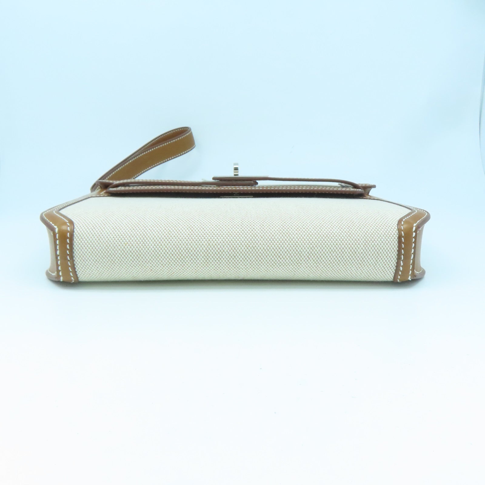 HERMES Toile帆布/Barenia皮革Kelly Depeches 25银扣手拿包白色/啡色