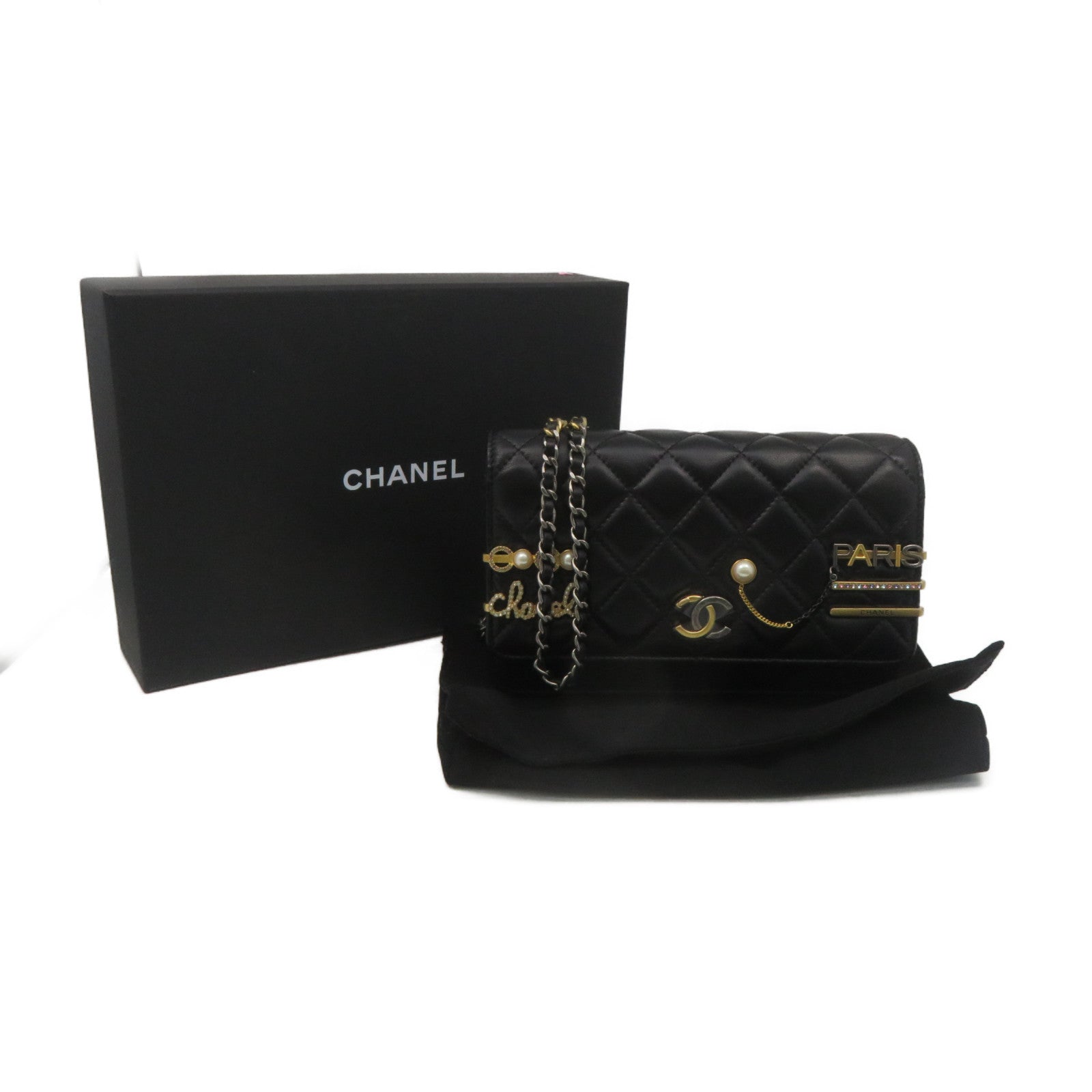CHANEL 菱格羊皮皮革Wallet On Chain Shoulder Bag金扣鏈帶肩背袋黑色