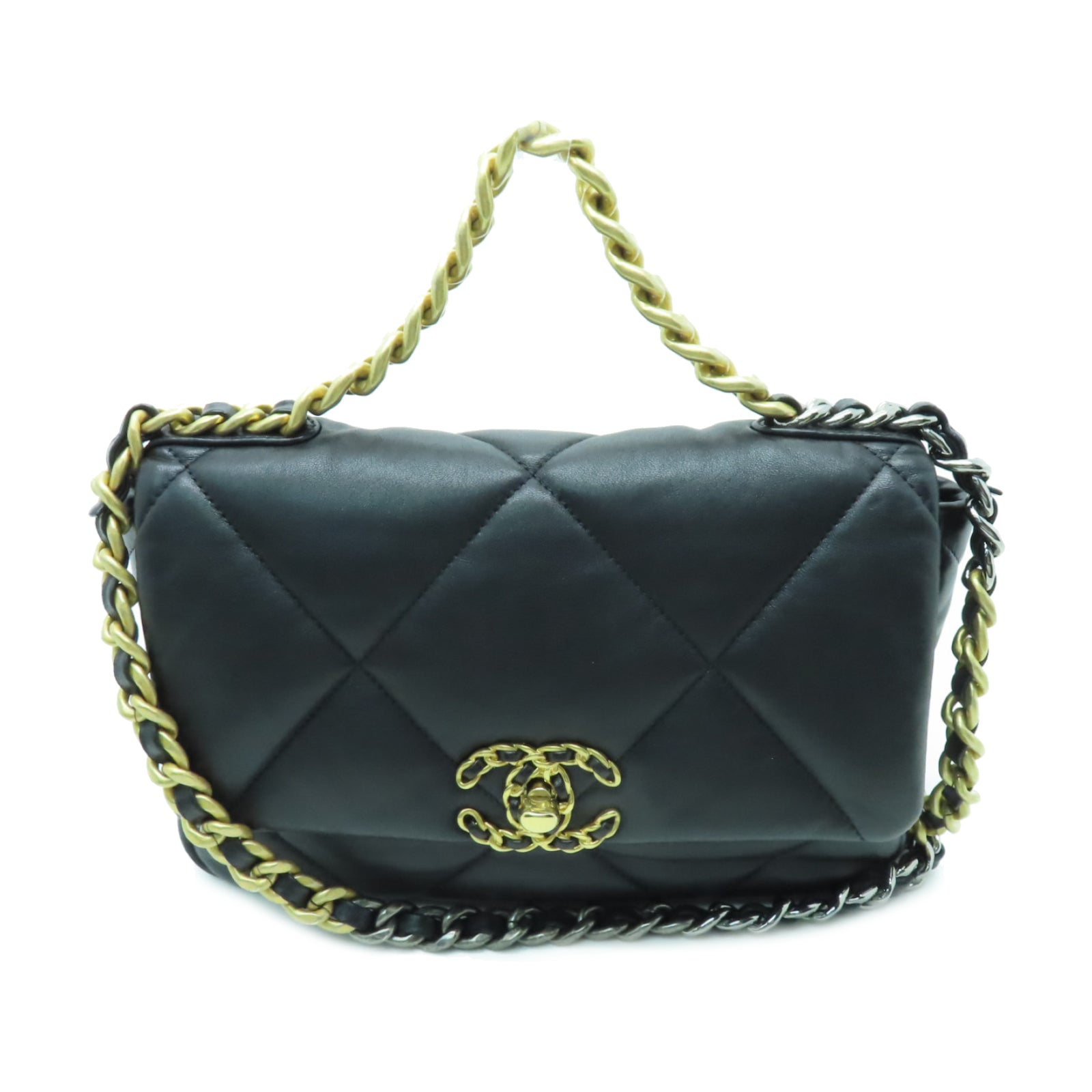 CHANEL 【激減優惠】菱格牛皮皮革Chain Shoulder Bag金扣/銀扣手挽肩背兩用袋黑色