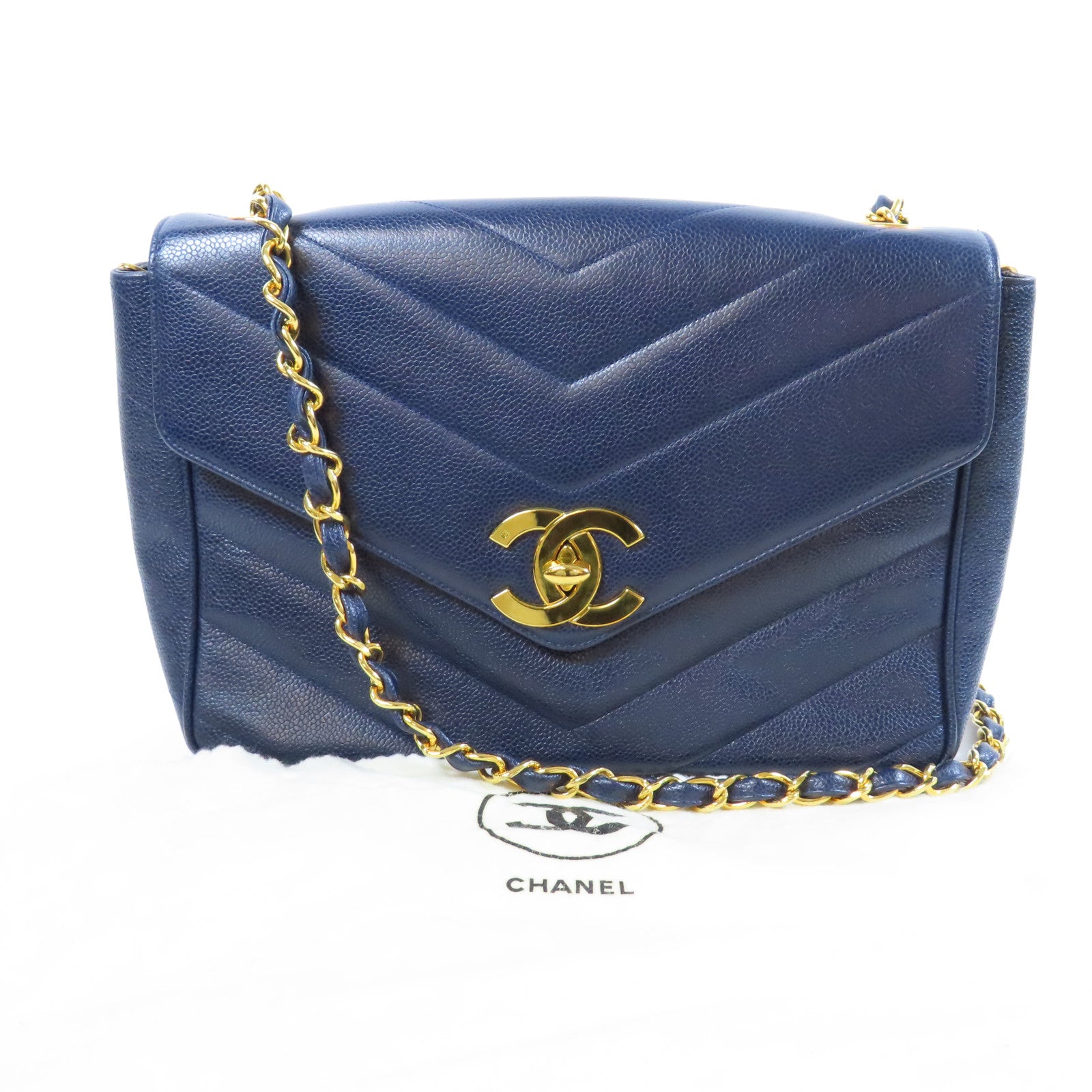 CHANEL 斜紋牛皮皮革Vintage Chain Shoulder Bag金扣鏈帶肩背袋藍色