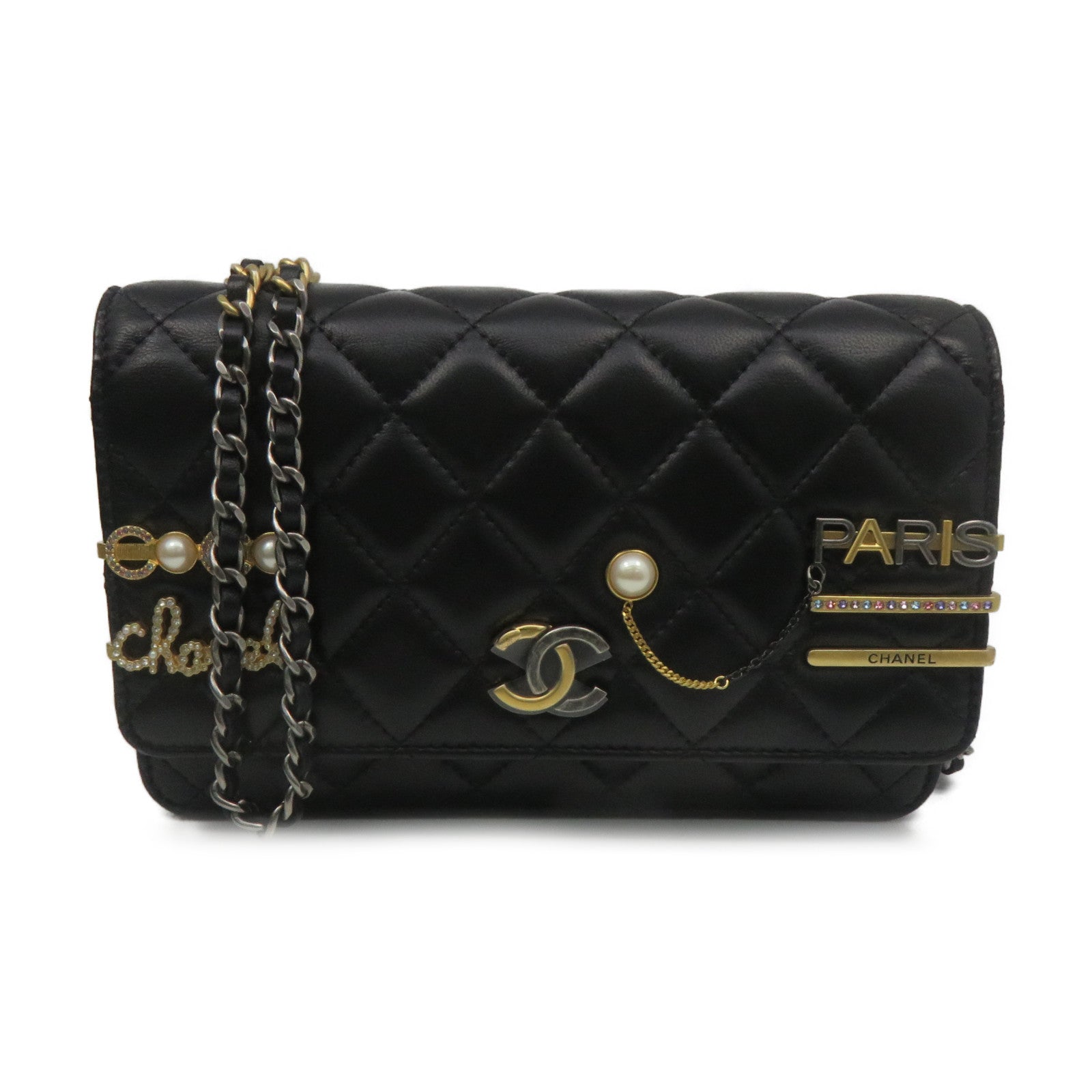 CHANEL 菱格羊皮皮革Wallet On Chain Shoulder Bag金扣鏈帶肩背袋黑色