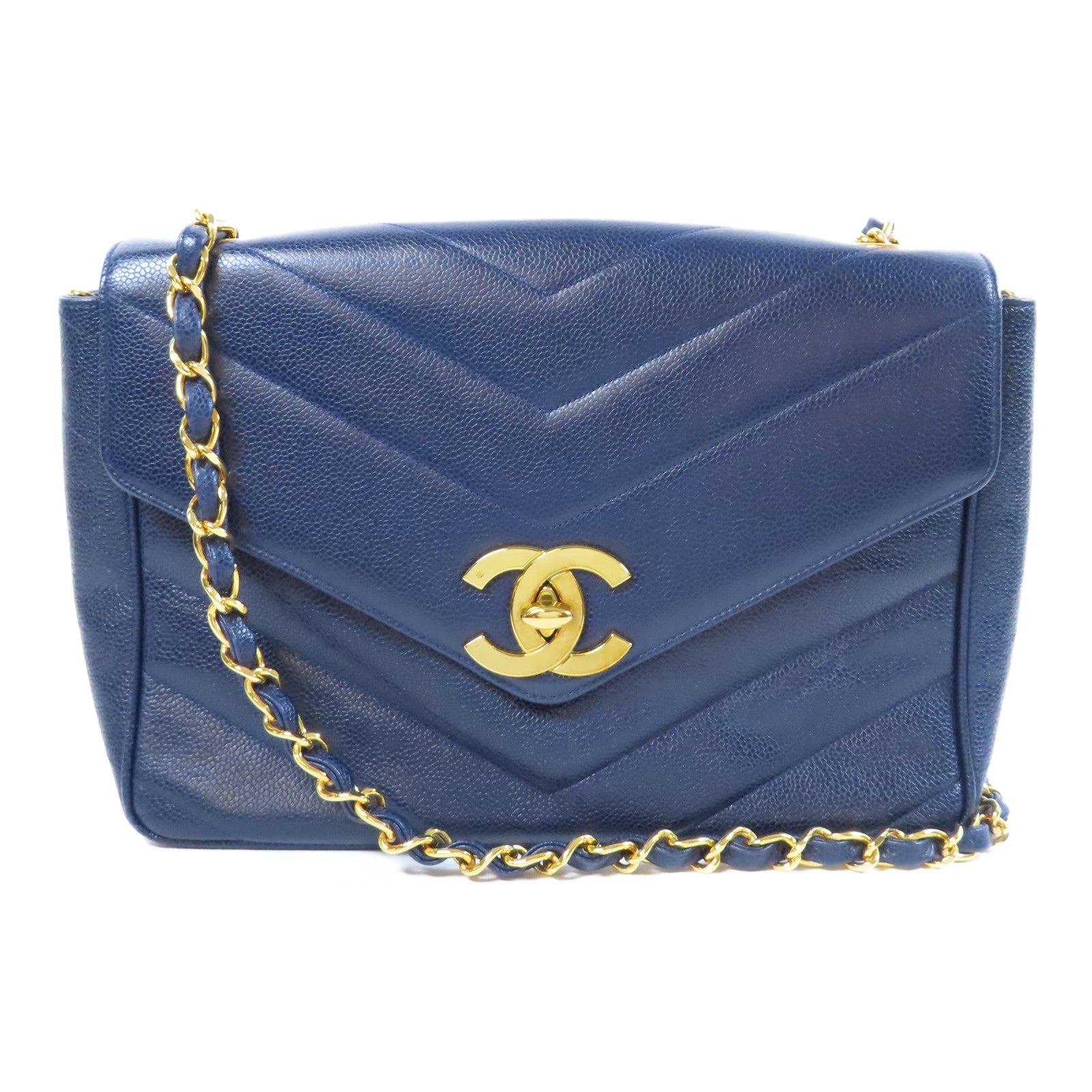 CHANEL 斜紋牛皮皮革Vintage Chain Shoulder Bag金扣鏈帶肩背袋藍色