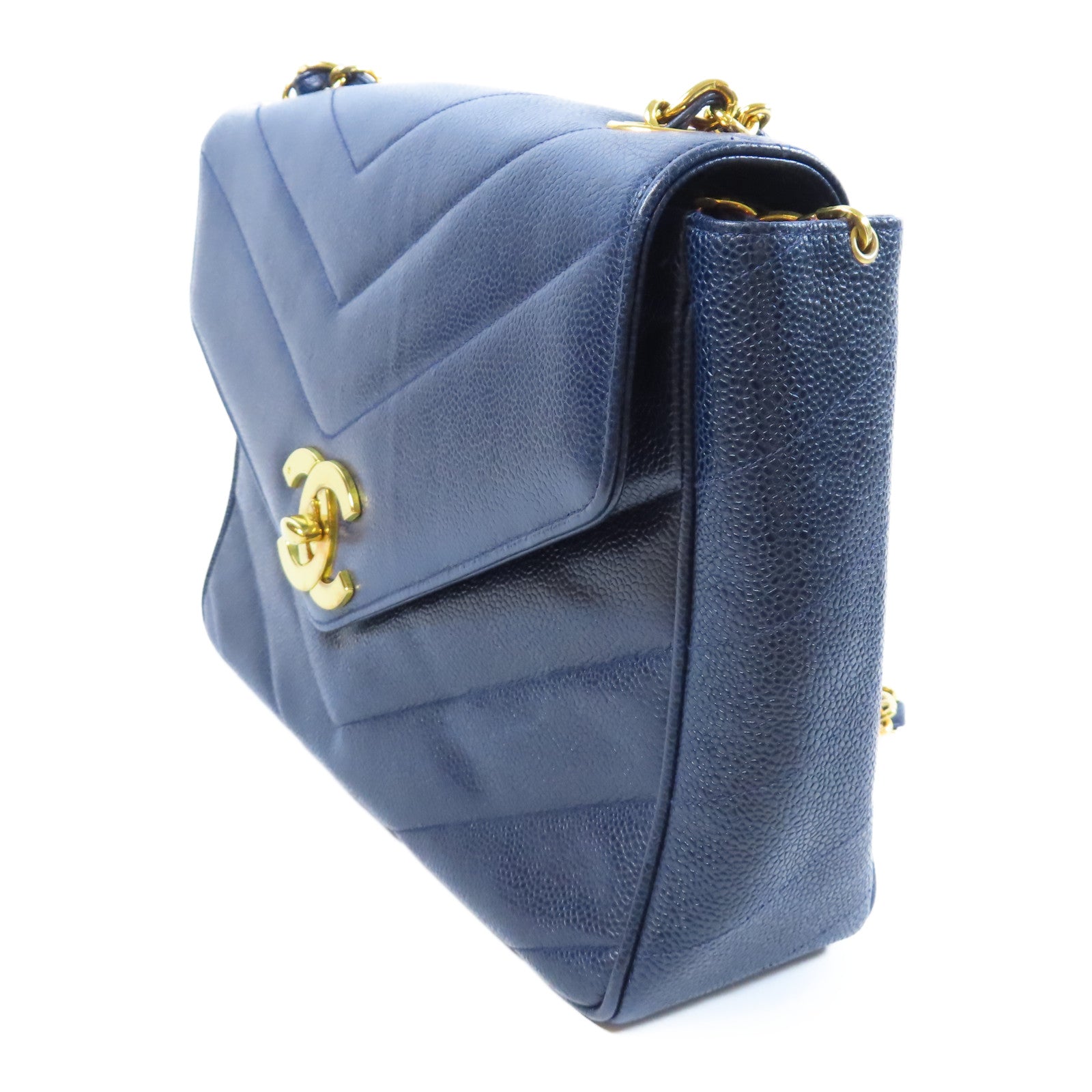 CHANEL 斜紋牛皮皮革Vintage Chain Shoulder Bag金扣鏈帶肩背袋藍色