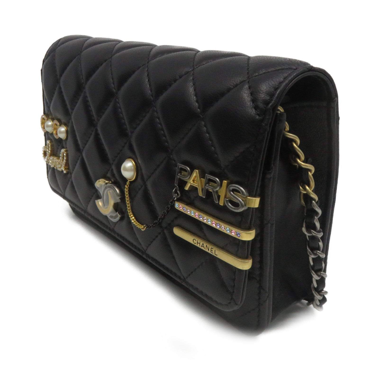 CHANEL 菱格羊皮皮革Wallet On Chain Shoulder Bag金扣鏈帶肩背袋黑色