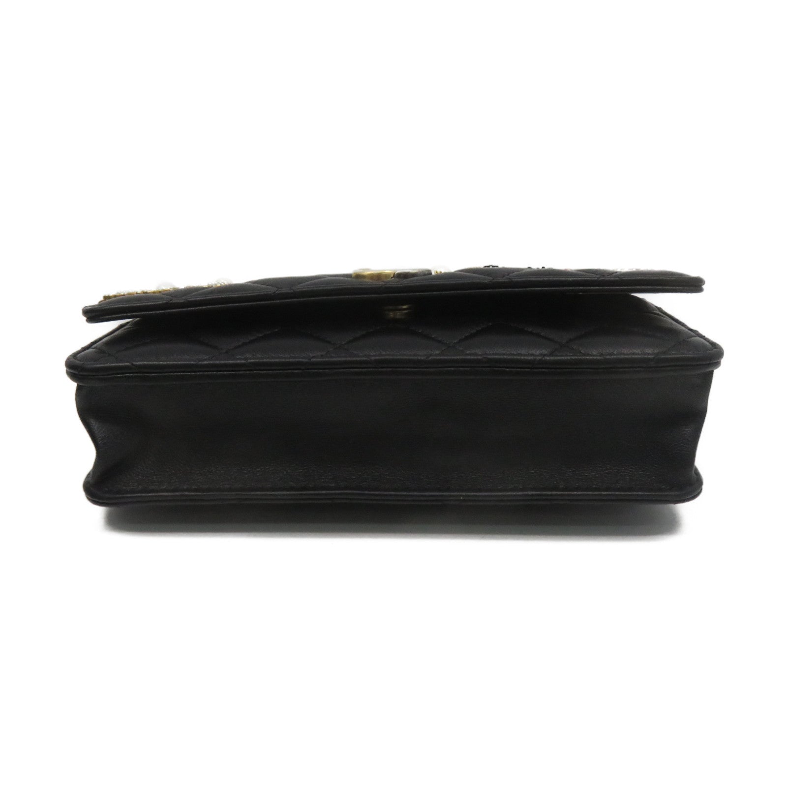 CHANEL 菱格羊皮皮革Wallet On Chain Shoulder Bag金扣鏈帶肩背袋黑色