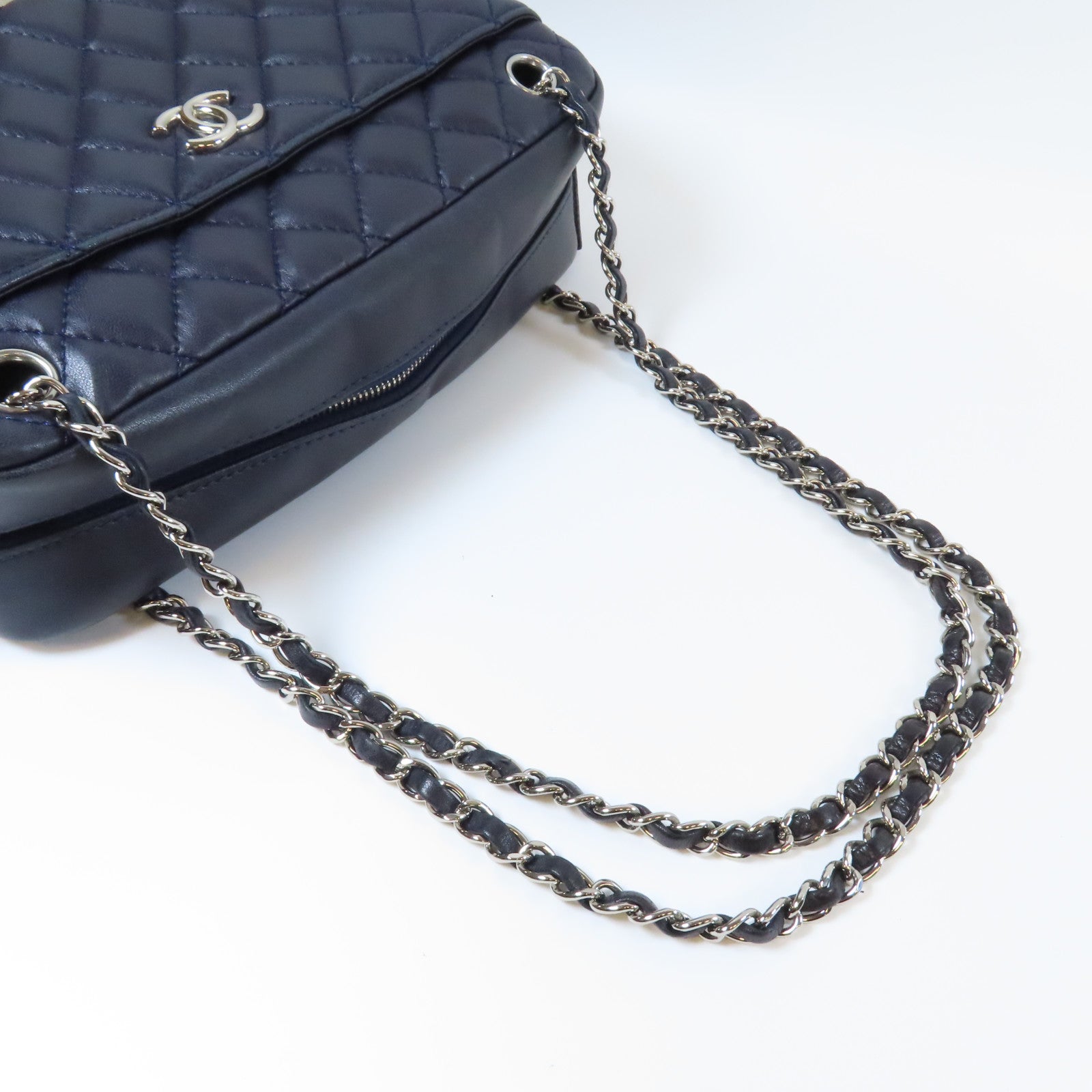 CHANEL 菱格羊皮皮革Chain Shoulder銀扣鏈帶肩背袋深藍色