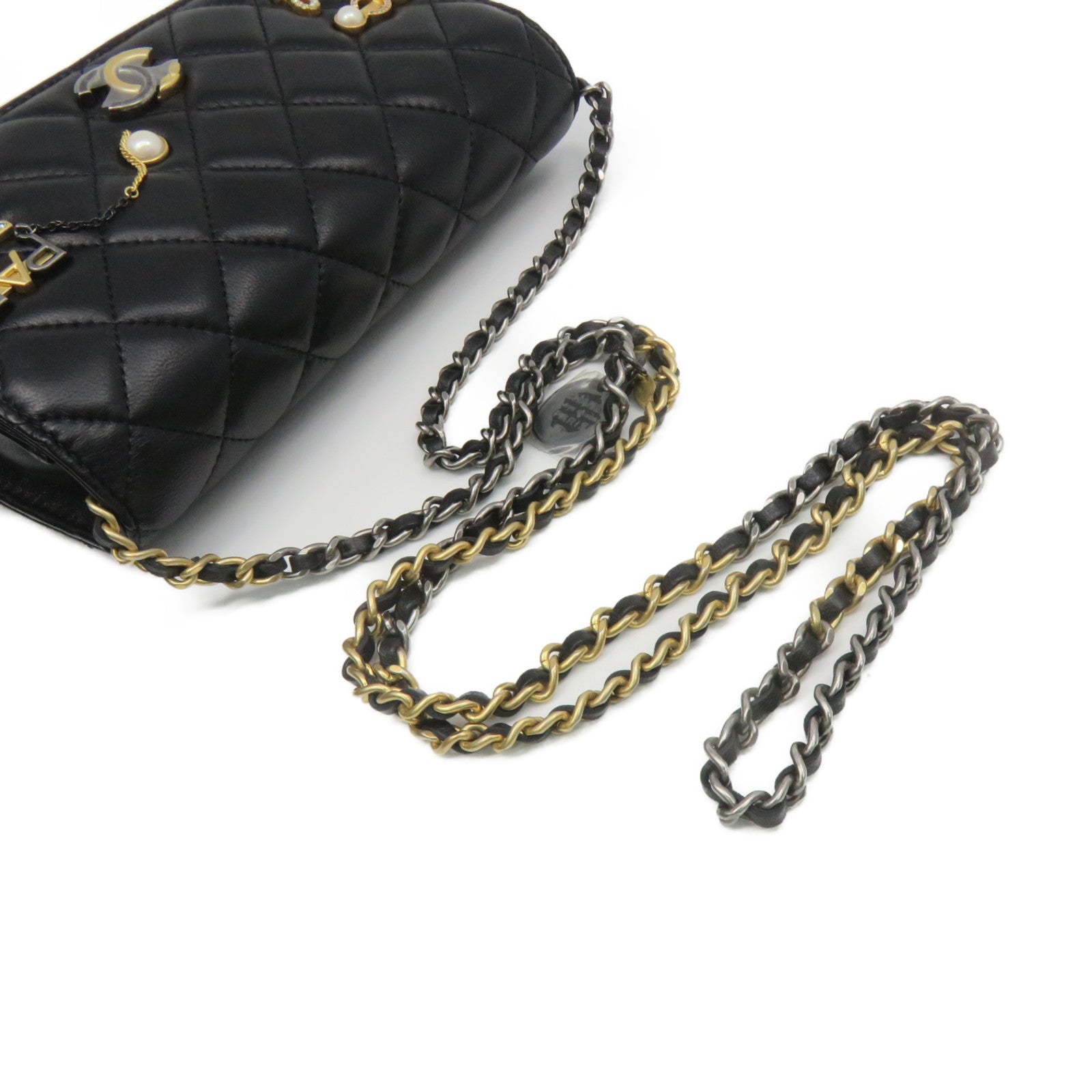 CHANEL 菱格羊皮皮革Wallet On Chain Shoulder Bag金扣鏈帶肩背袋黑色