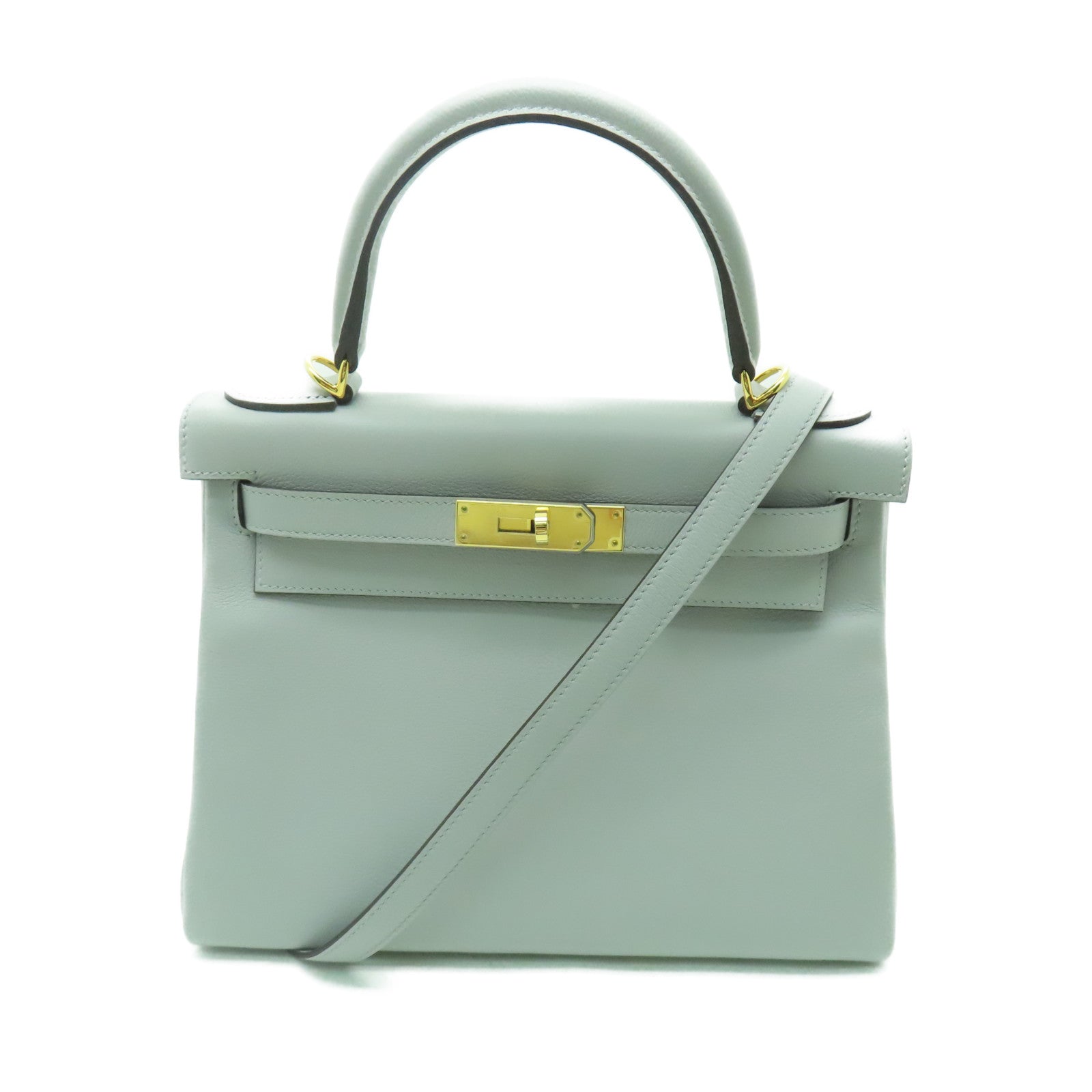 HERMES Evercolor皮革Kelly 28金扣手挽肩背兩用袋淺藍色