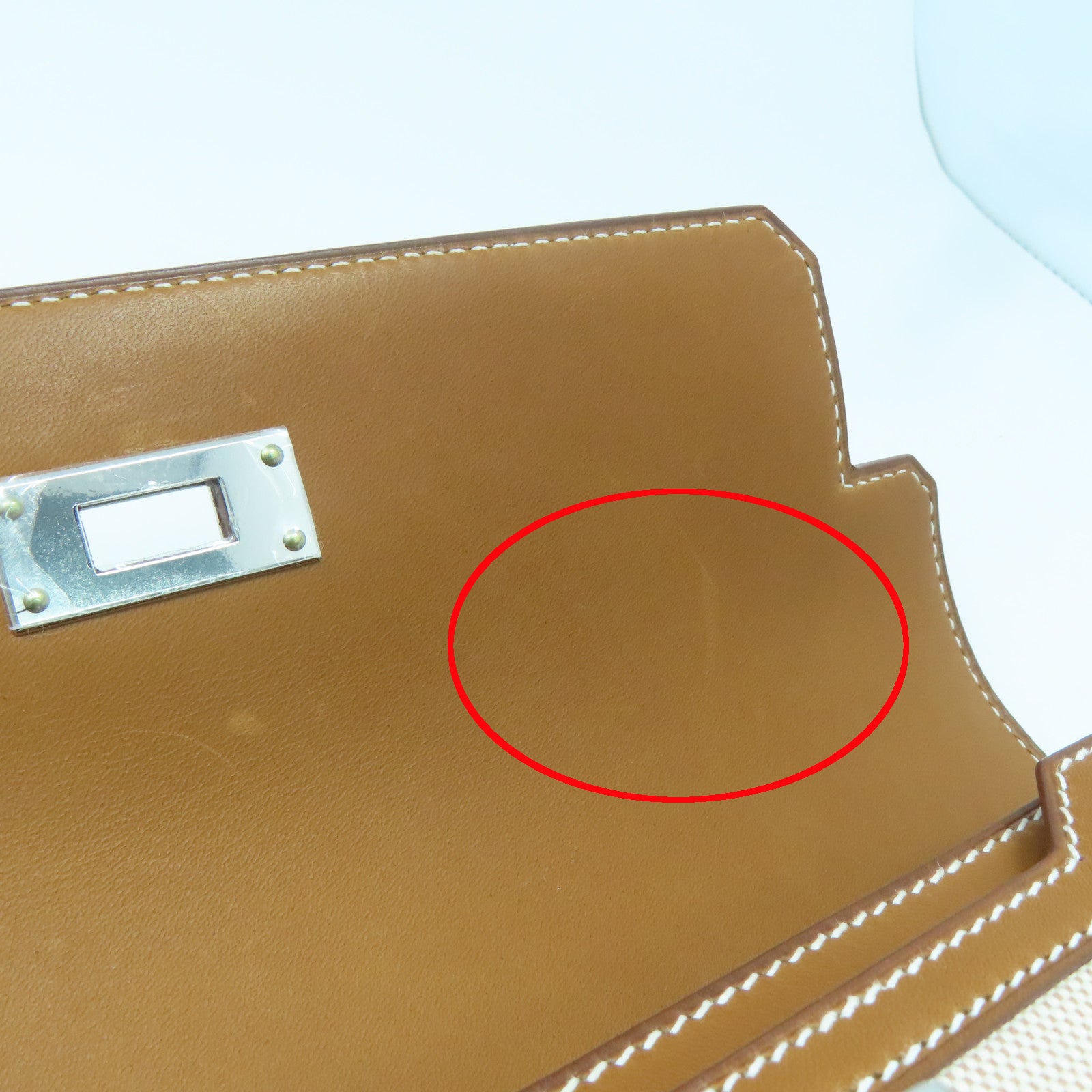 HERMES Toile帆布/Barenia皮革Kelly Depeches 25银扣手拿包白色/啡色