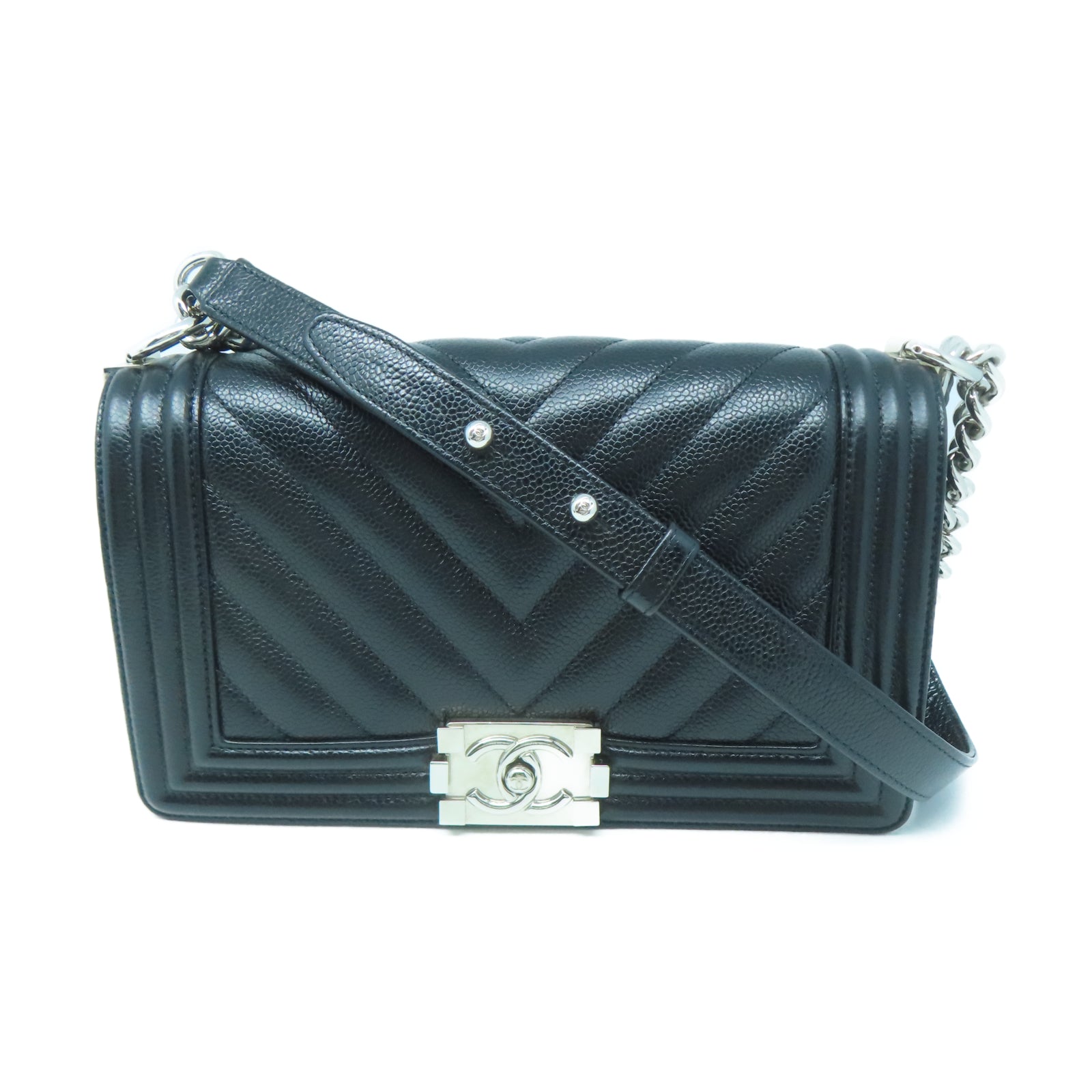 CHANEL 斜紋Caviar皮革Boy Chanel銀扣鏈帶肩背袋黑色