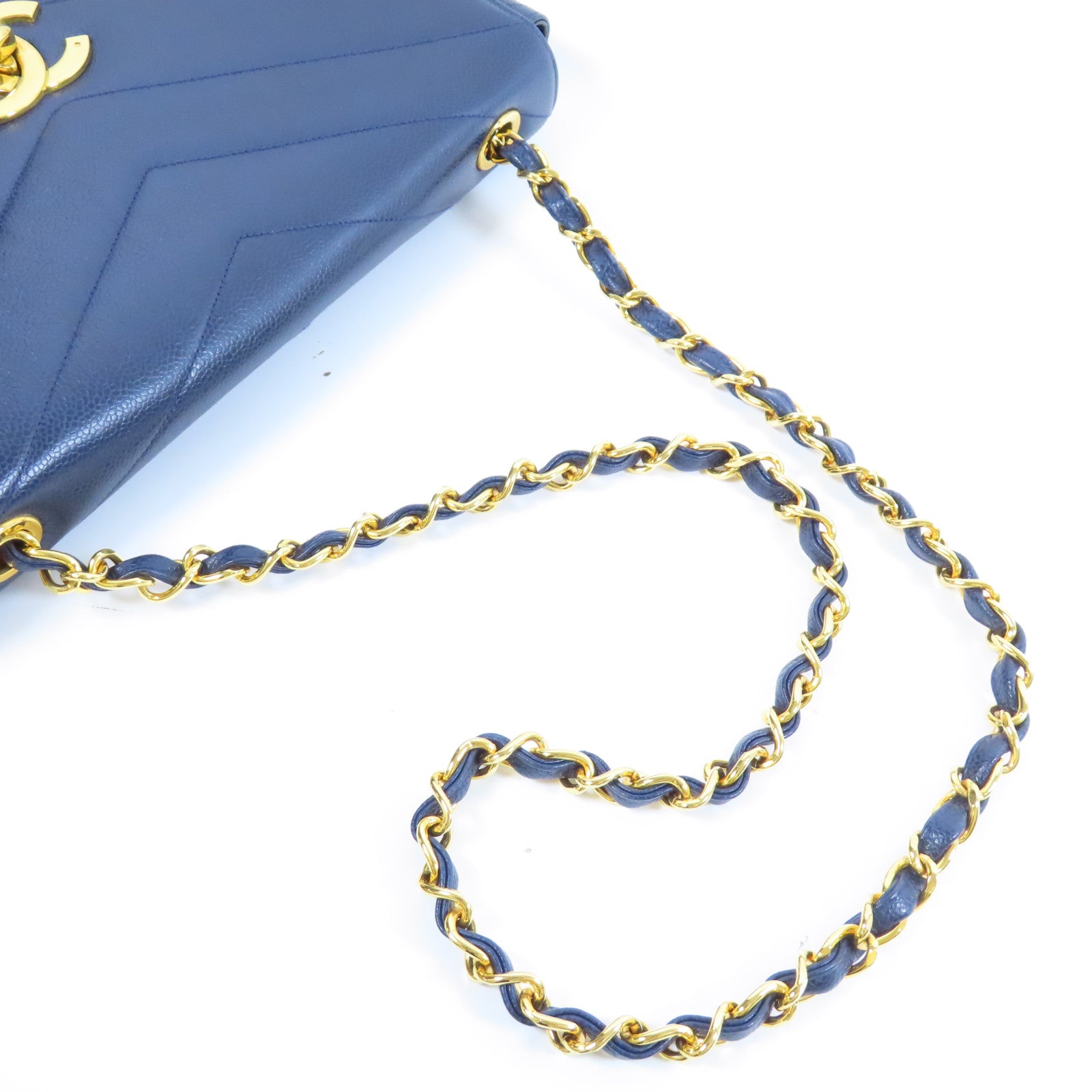 CHANEL 斜紋牛皮皮革Vintage Chain Shoulder Bag金扣鏈帶肩背袋藍色