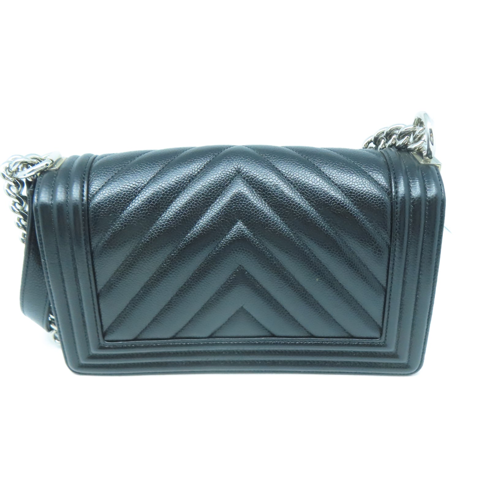 CHANEL 斜紋Caviar皮革Boy Chanel銀扣鏈帶肩背袋黑色