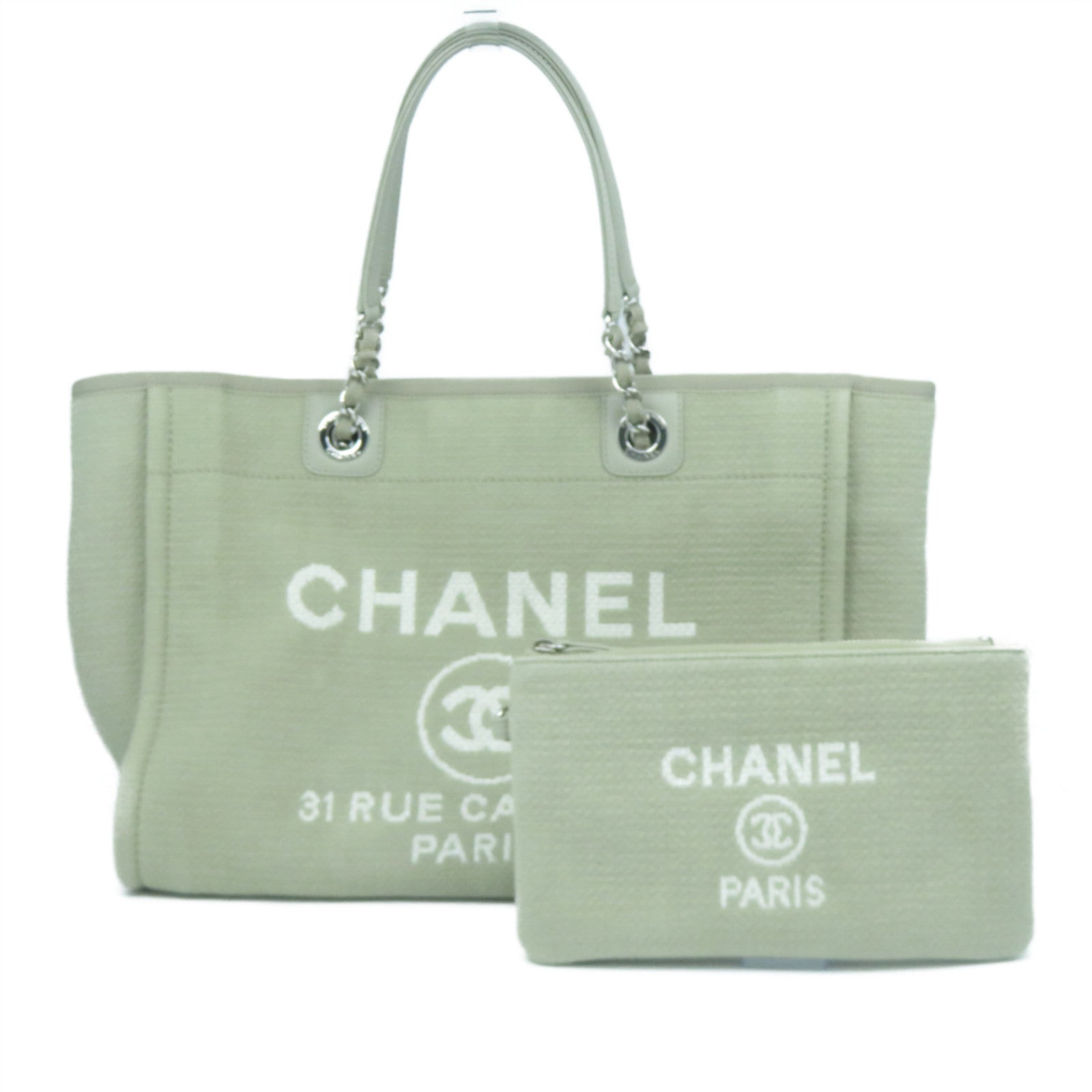 CHANEL 帆布Deauville Tote Bag銀扣肩背兩用袋灰色
