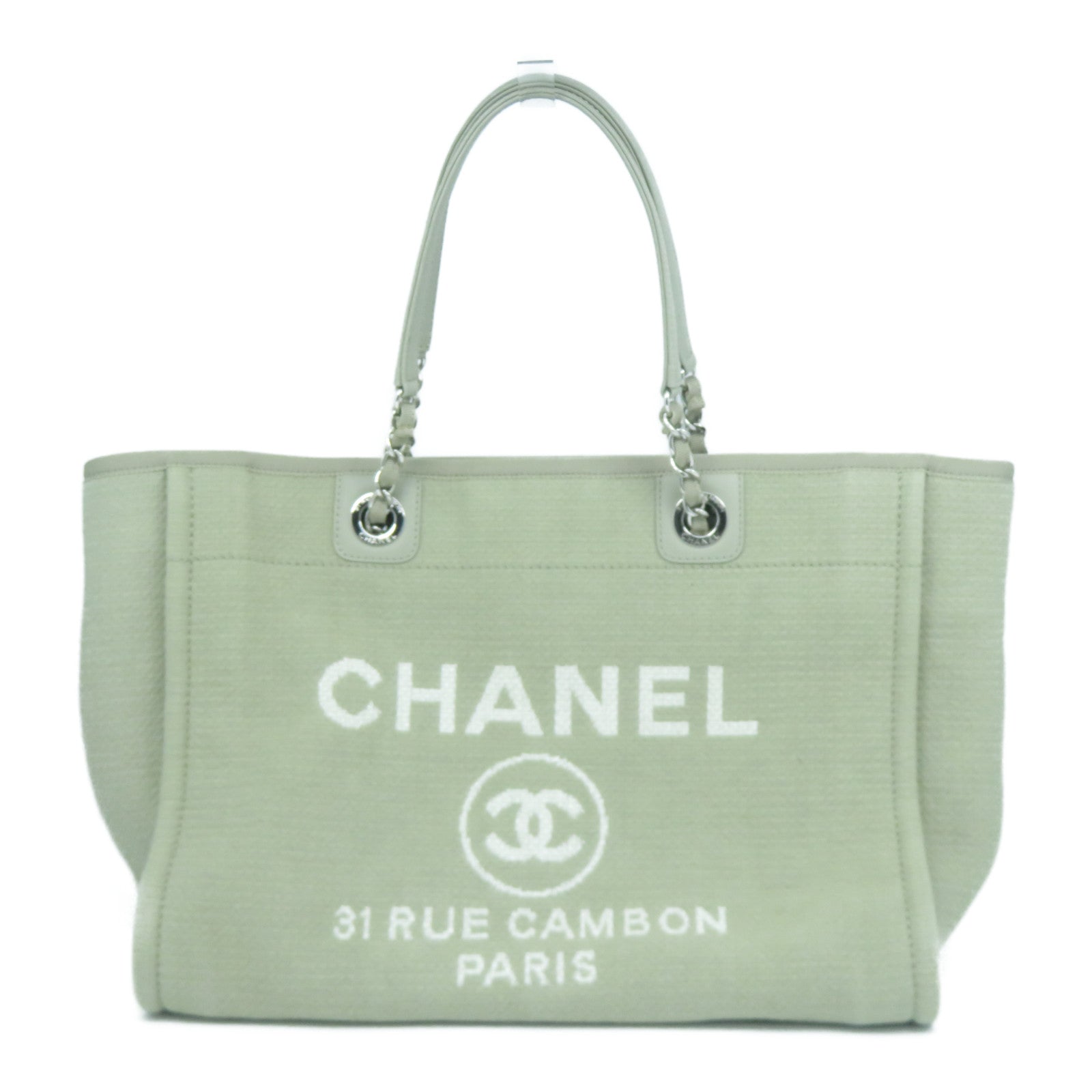 CHANEL 帆布Deauville Tote Bag銀扣肩背兩用袋灰色