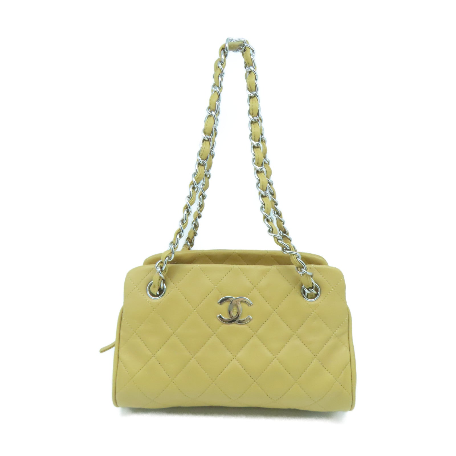 CHANEL 菱格羊皮皮革Chain Shoulder銀扣鏈帶肩背袋杏色