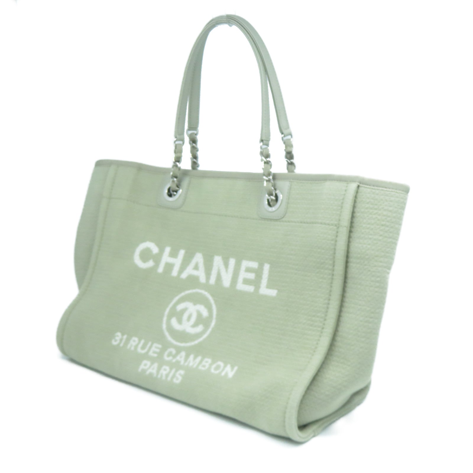 CHANEL 帆布Deauville Tote Bag銀扣肩背兩用袋灰色
