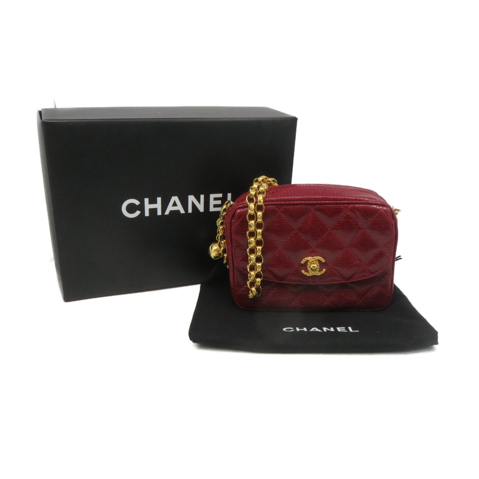 CHANEL 蜥蝪皮革Vintage Chain Shoulder Bag金扣鏈帶肩背袋酒紅色