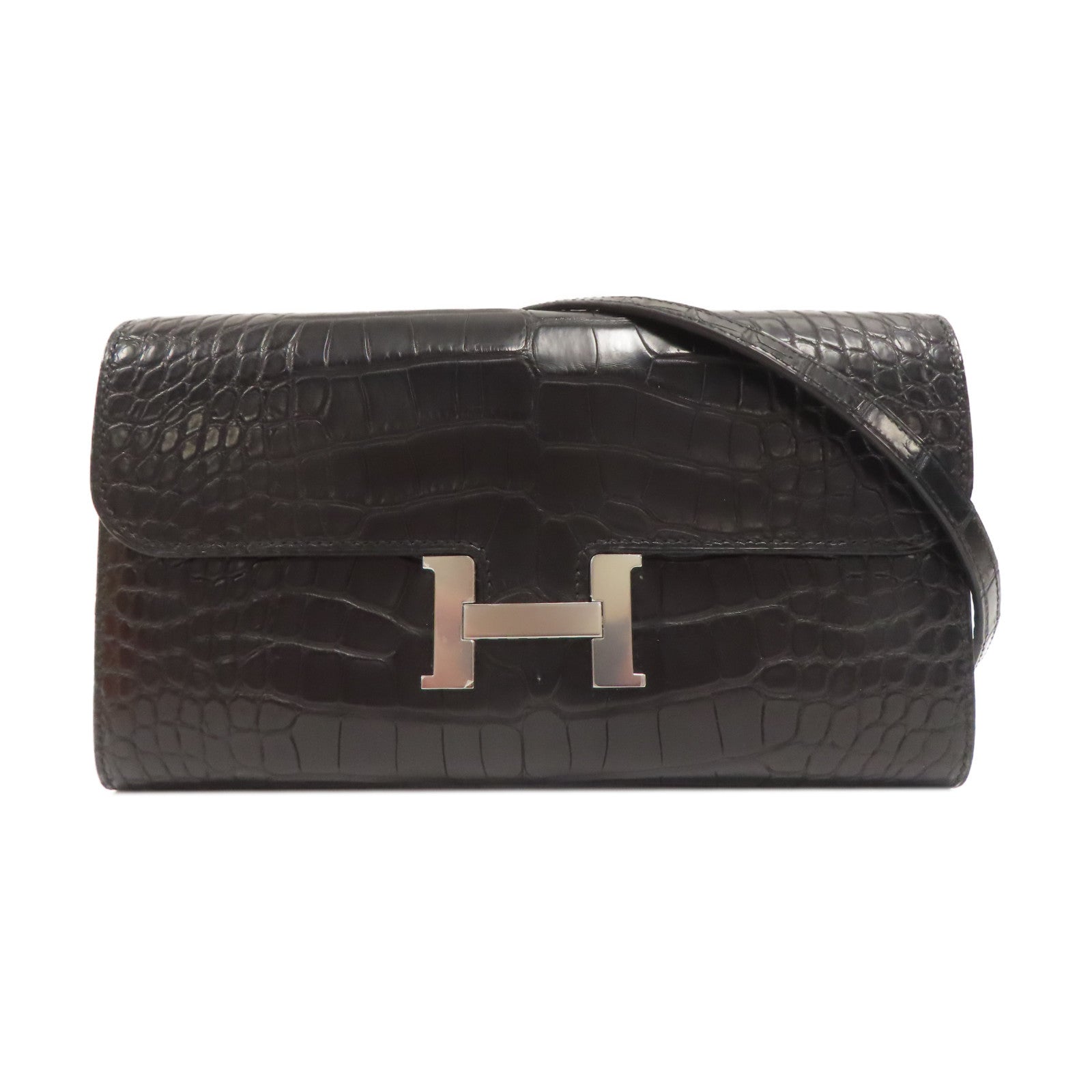 HERMES 鱷魚皮革Constance To Go銀扣肩背袋黑色