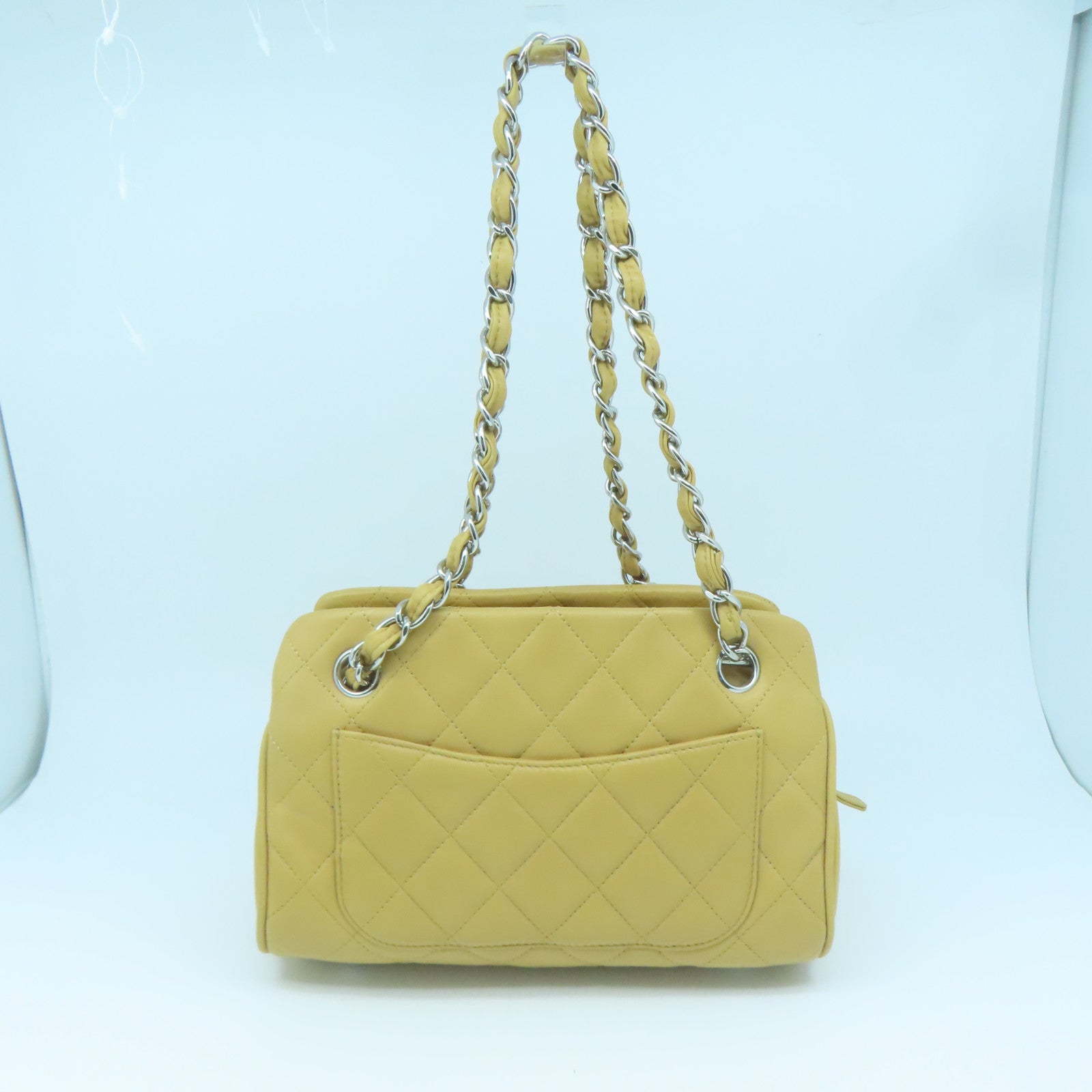 CHANEL 菱格羊皮皮革Chain Shoulder銀扣鏈帶肩背袋杏色