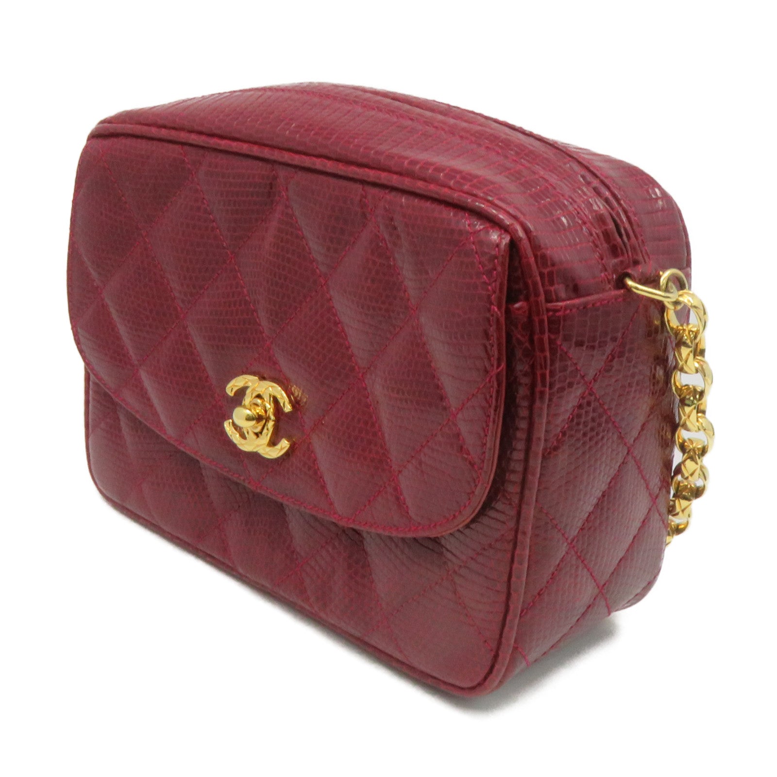 CHANEL 蜥蝪皮革Vintage Chain Shoulder Bag金扣鏈帶肩背袋酒紅色