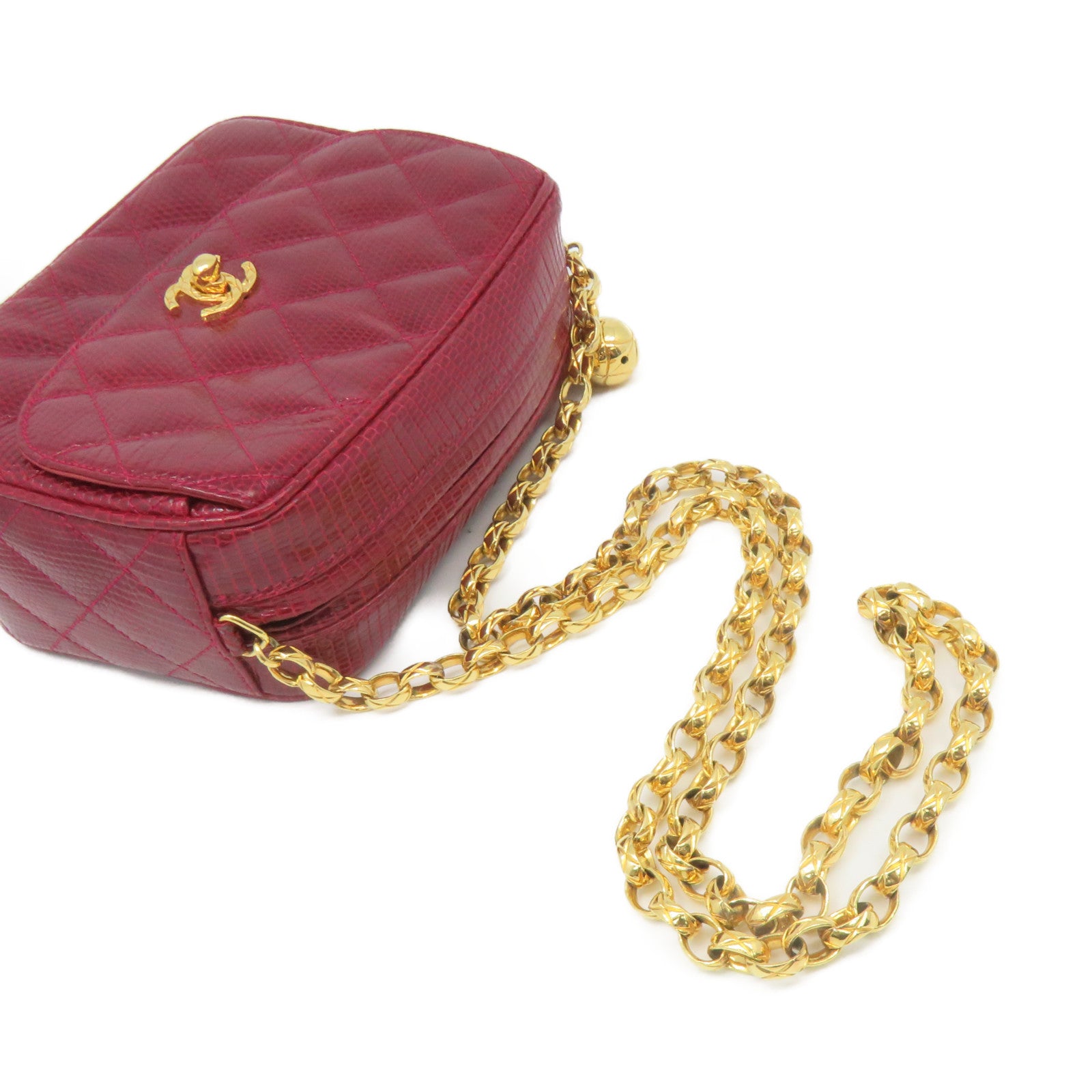 CHANEL 蜥蝪皮革Vintage Chain Shoulder Bag金扣鏈帶肩背袋酒紅色