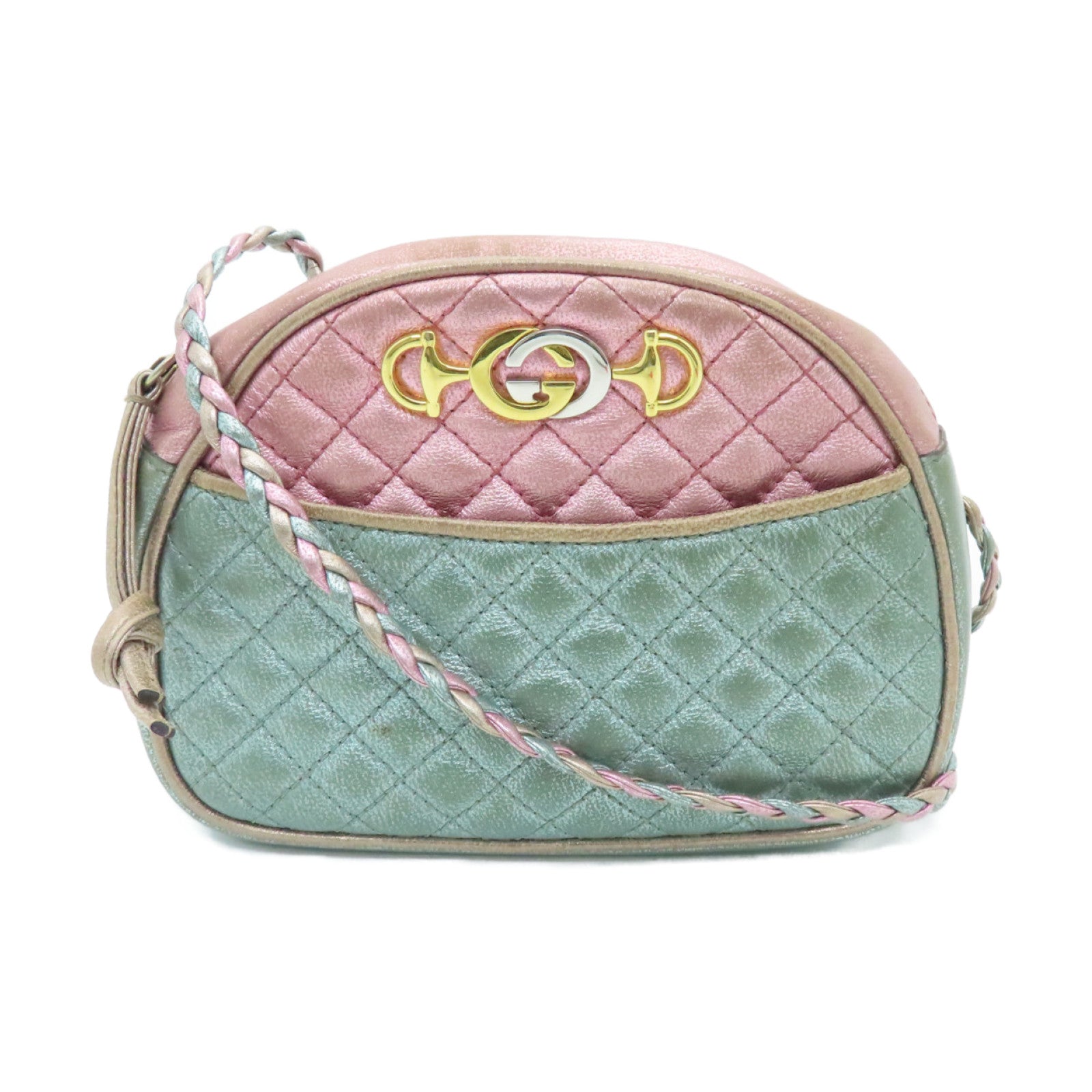 GUCCI leather Zumi Horsebit gold buckle shoulder bag pink light green