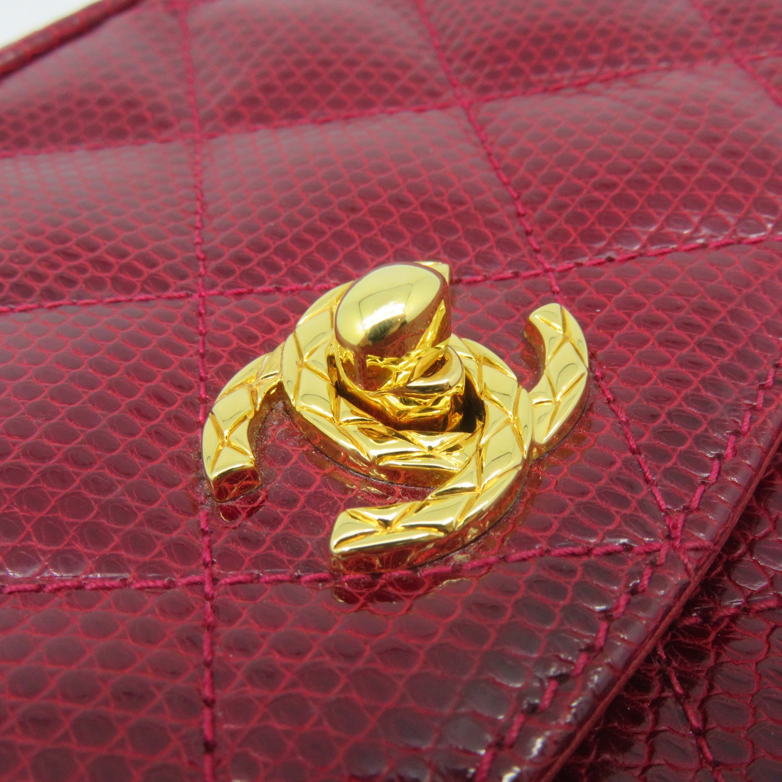 CHANEL 蜥蝪皮革Vintage Chain Shoulder Bag金扣鏈帶肩背袋酒紅色