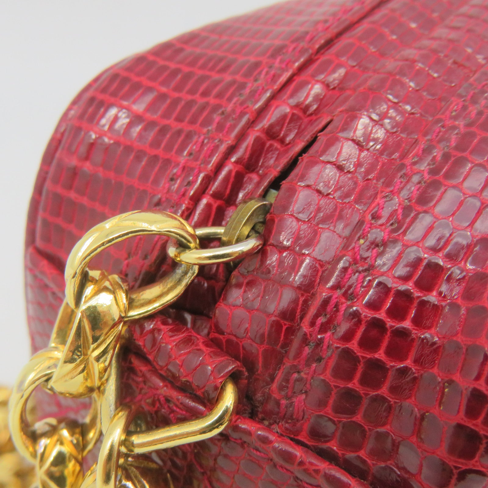 CHANEL 蜥蝪皮革Vintage Chain Shoulder Bag金扣鏈帶肩背袋酒紅色