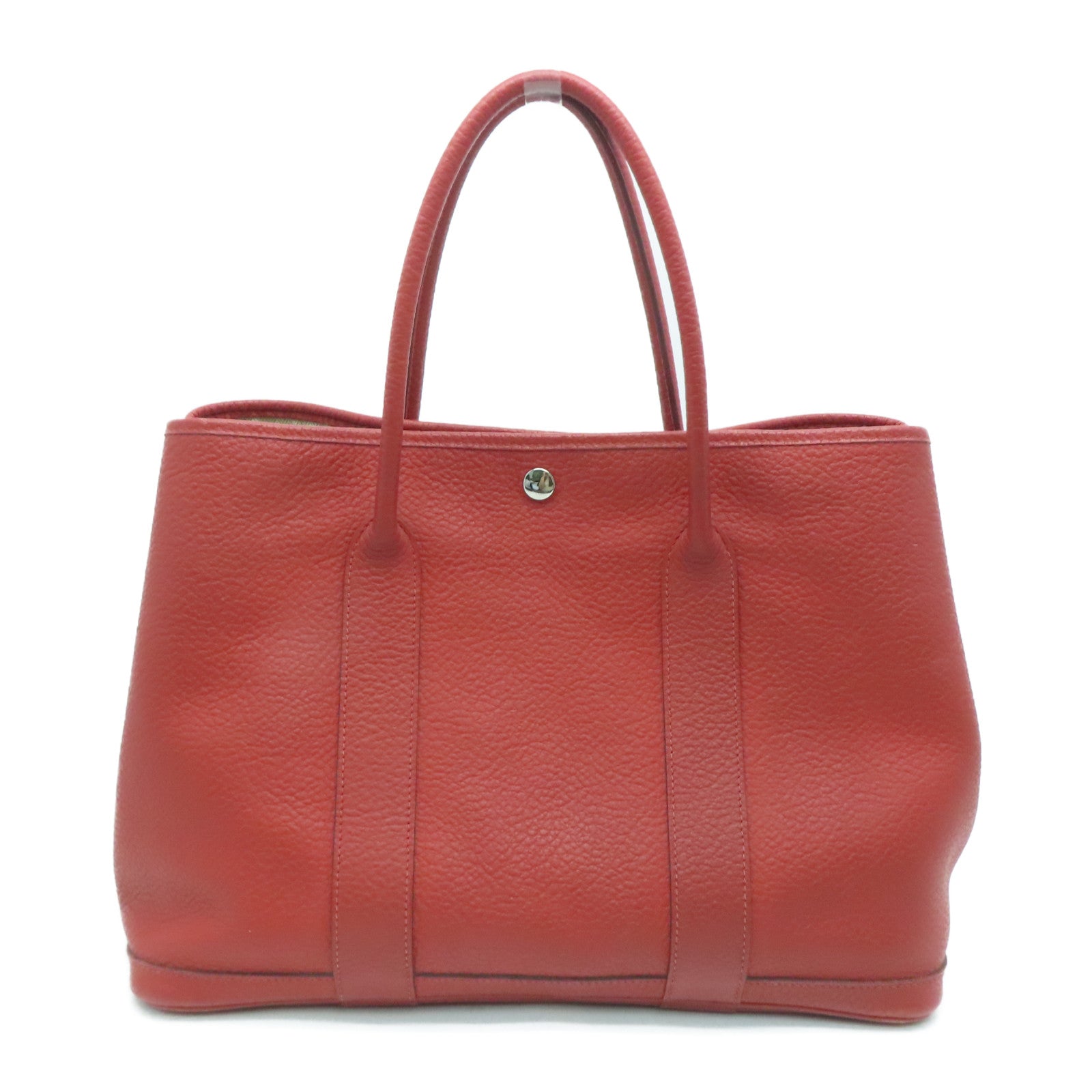 HERMES Clemence Leather Garden Party PM Silver Buckle Handle Bag Red