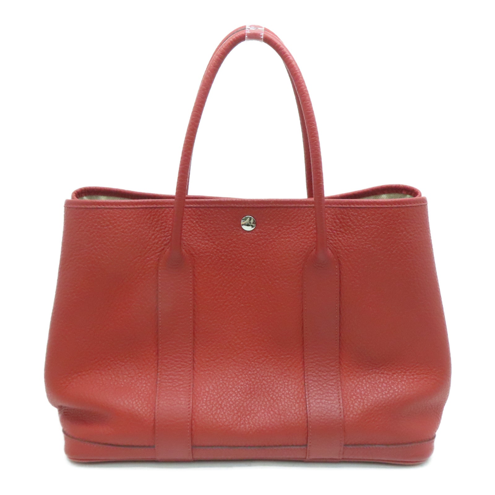 HERMES Clemence Leather Garden Party PM Silver Buckle Handle Bag Red