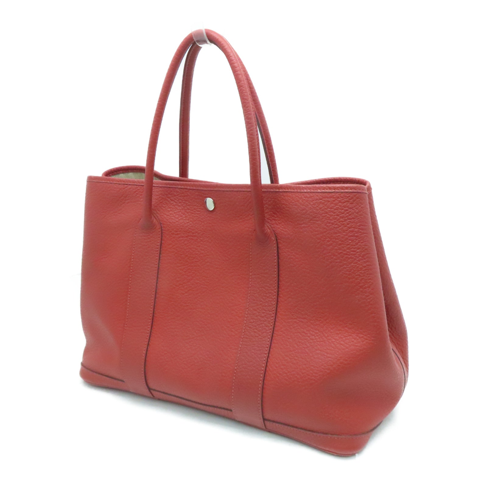 HERMES Clemence Leather Garden Party PM Silver Buckle Handle Bag Red