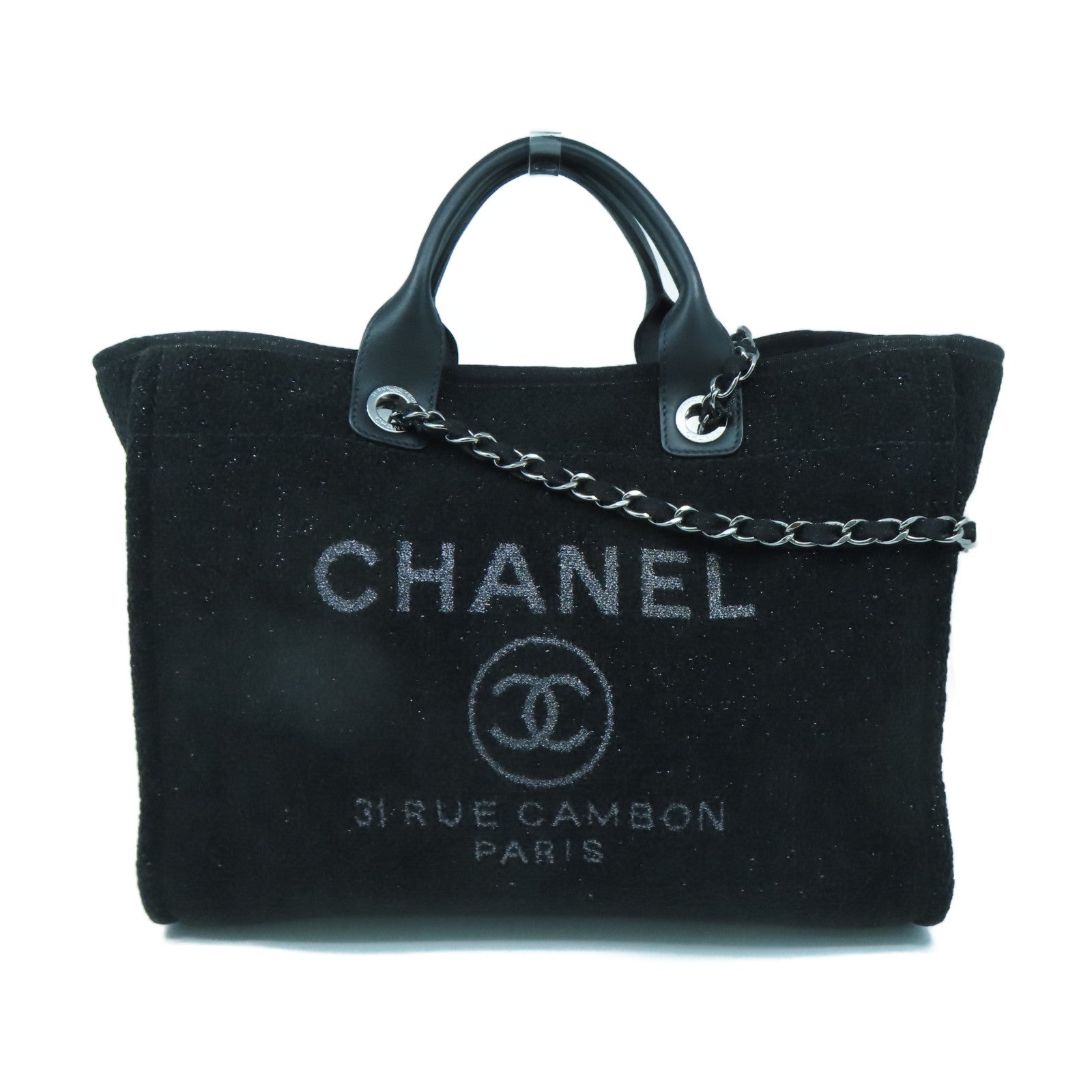 CHANEL 天鵝絨Deauville Tote Large銀扣手挽肩背兩用袋黑色