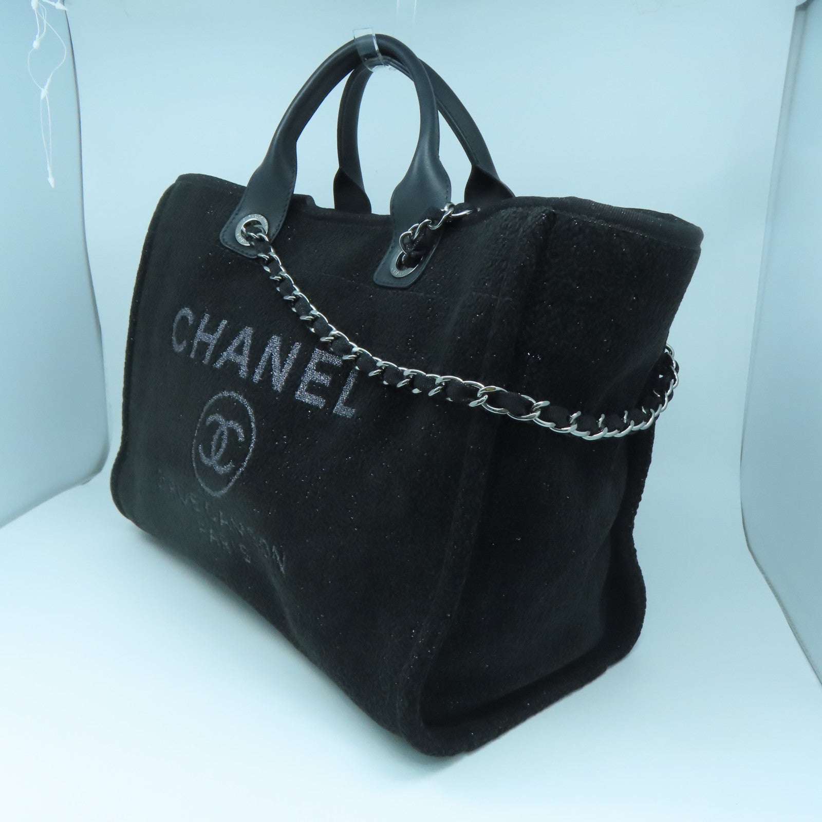 CHANEL 天鵝絨Deauville Tote Large銀扣手挽肩背兩用袋黑色