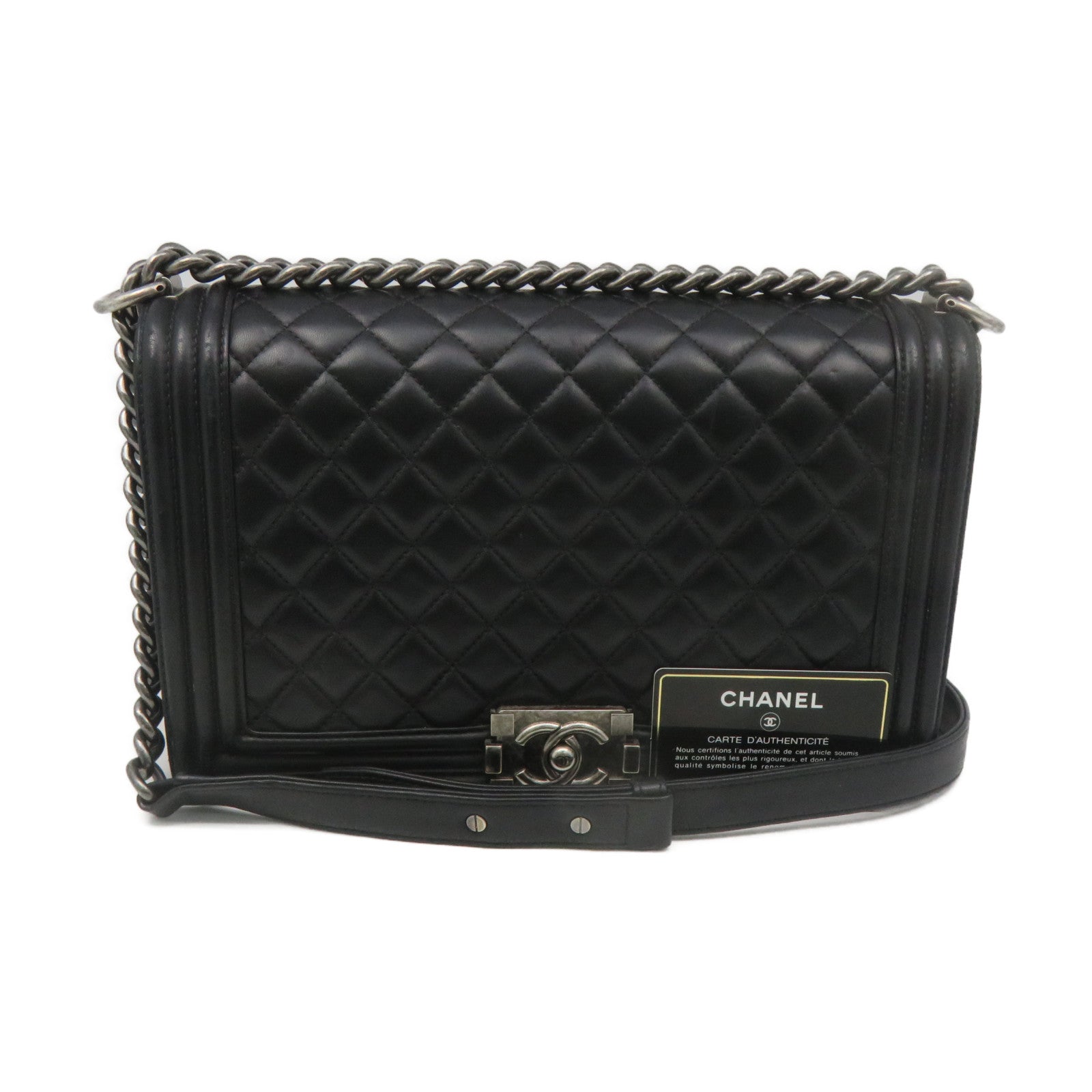 CHANEL 菱格羊皮皮革Boy Chanel 28cm Shoulder Bag銀扣鏈帶肩背袋黑色