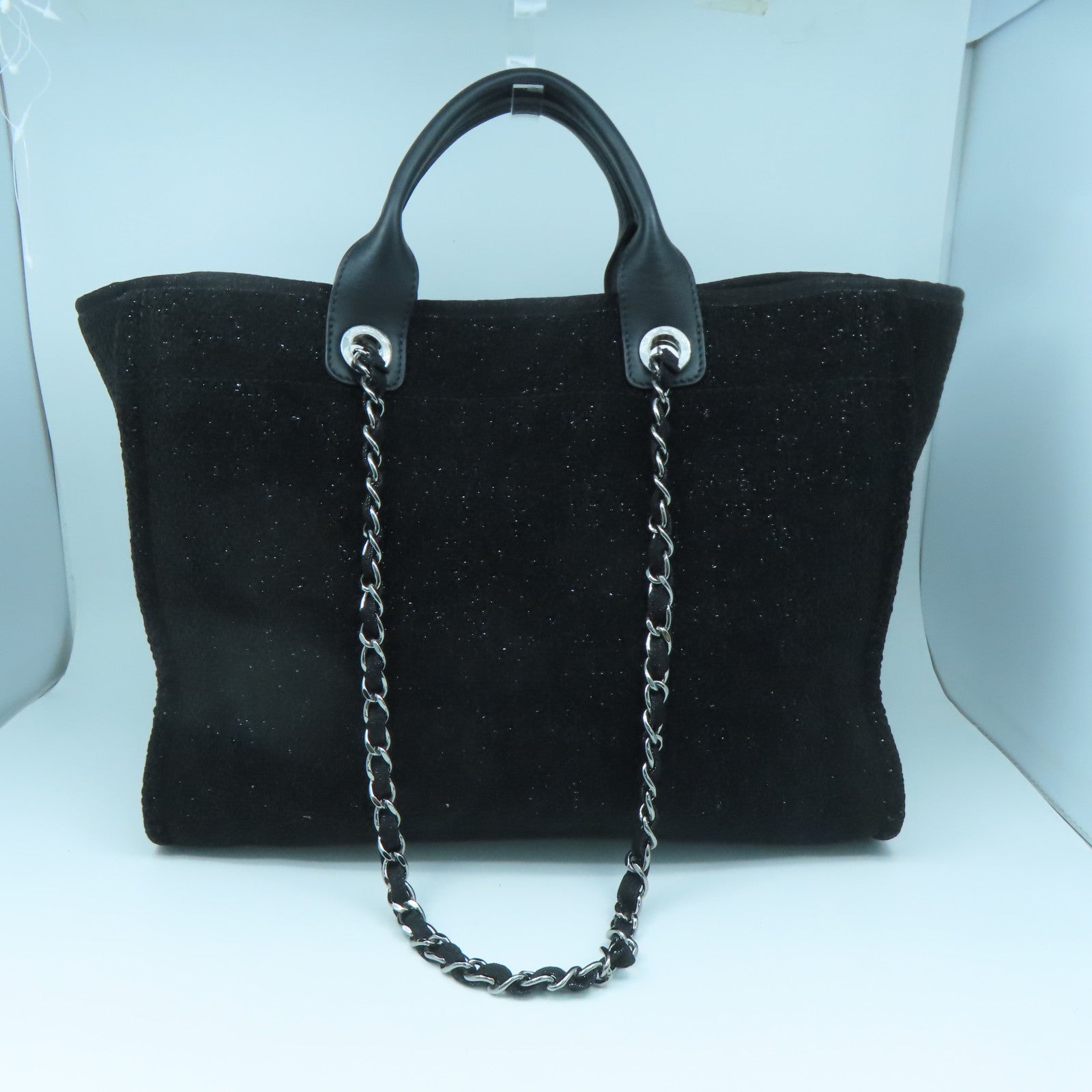 CHANEL 天鵝絨Deauville Tote Large銀扣手挽肩背兩用袋黑色