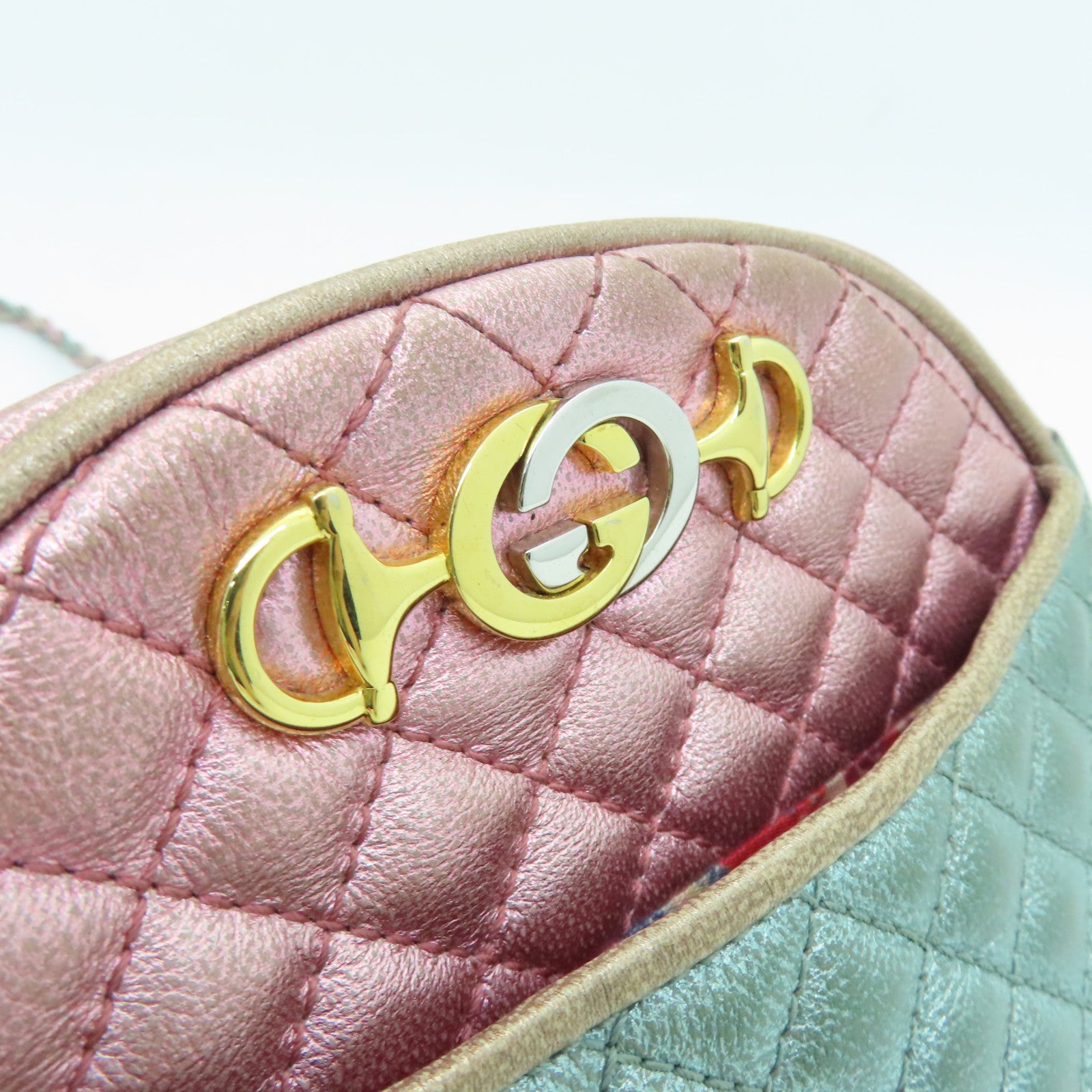 GUCCI leather Zumi Horsebit gold buckle shoulder bag pink light green