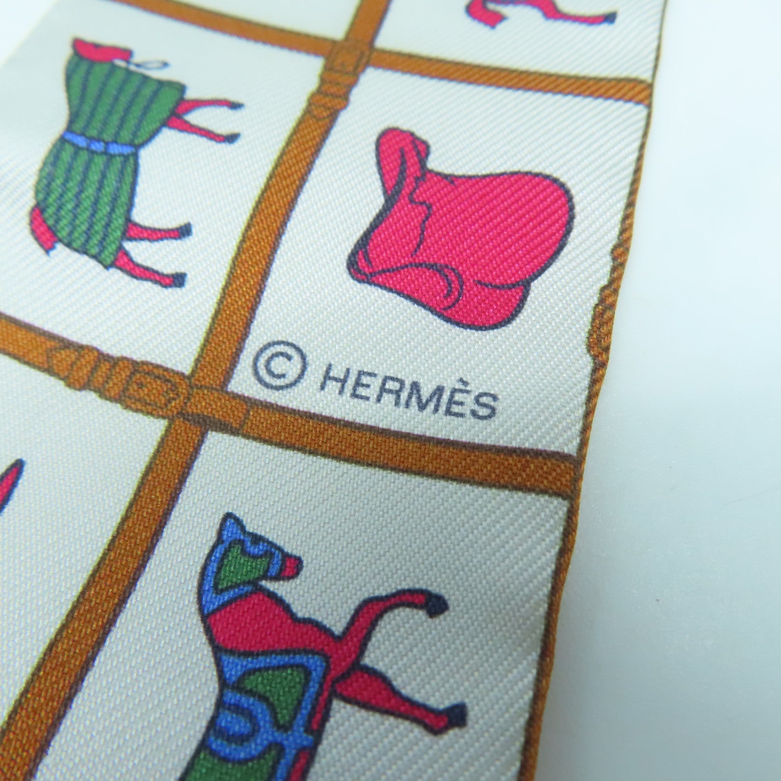 HERMES 絲質Twilly絲巾白色/啡色/紅色