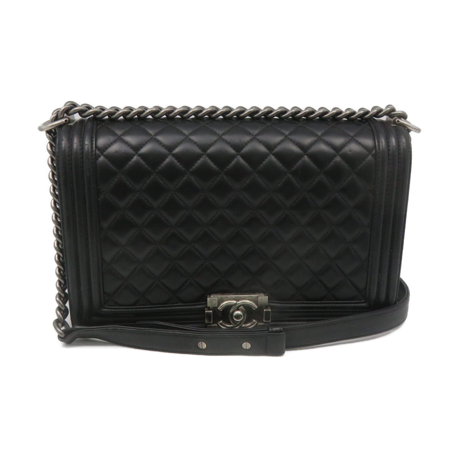 CHANEL 菱格羊皮皮革Boy Chanel 28cm Shoulder Bag銀扣鏈帶肩背袋黑色