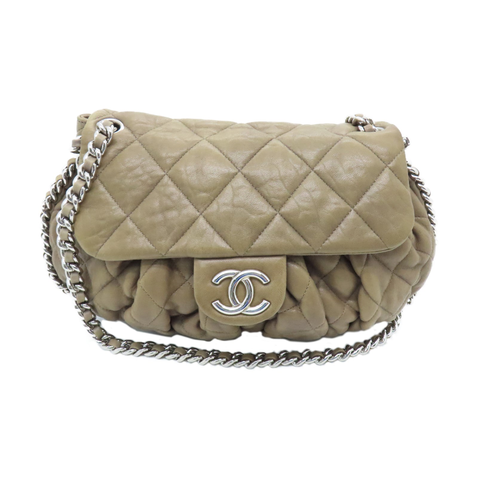 CHANEL Rhombus Sheepskin Leather Chain Shoulder Silver Buckle Shoulder Bag Light Brown