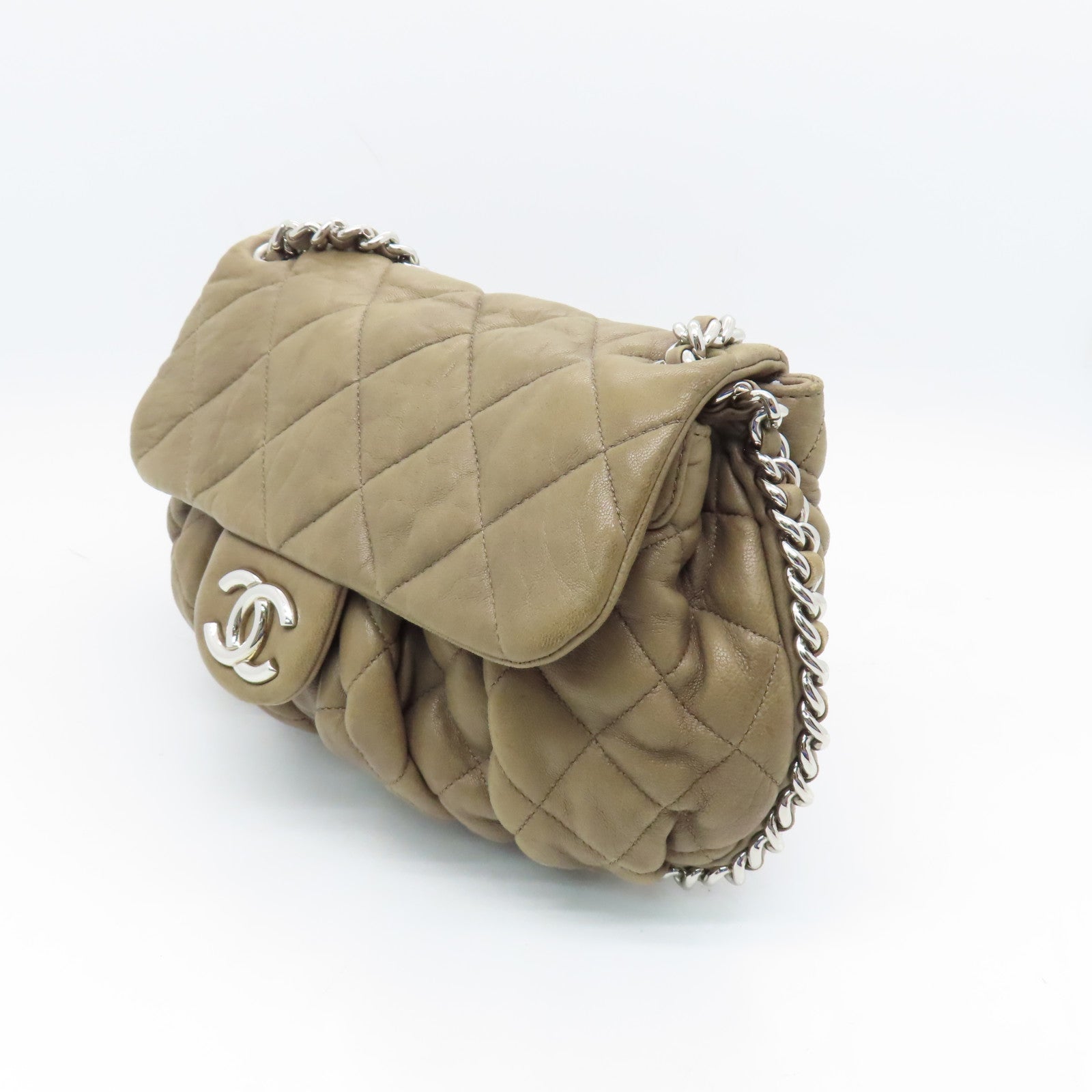 CHANEL Rhombus Sheepskin Leather Chain Shoulder Silver Buckle Shoulder Bag Light Brown