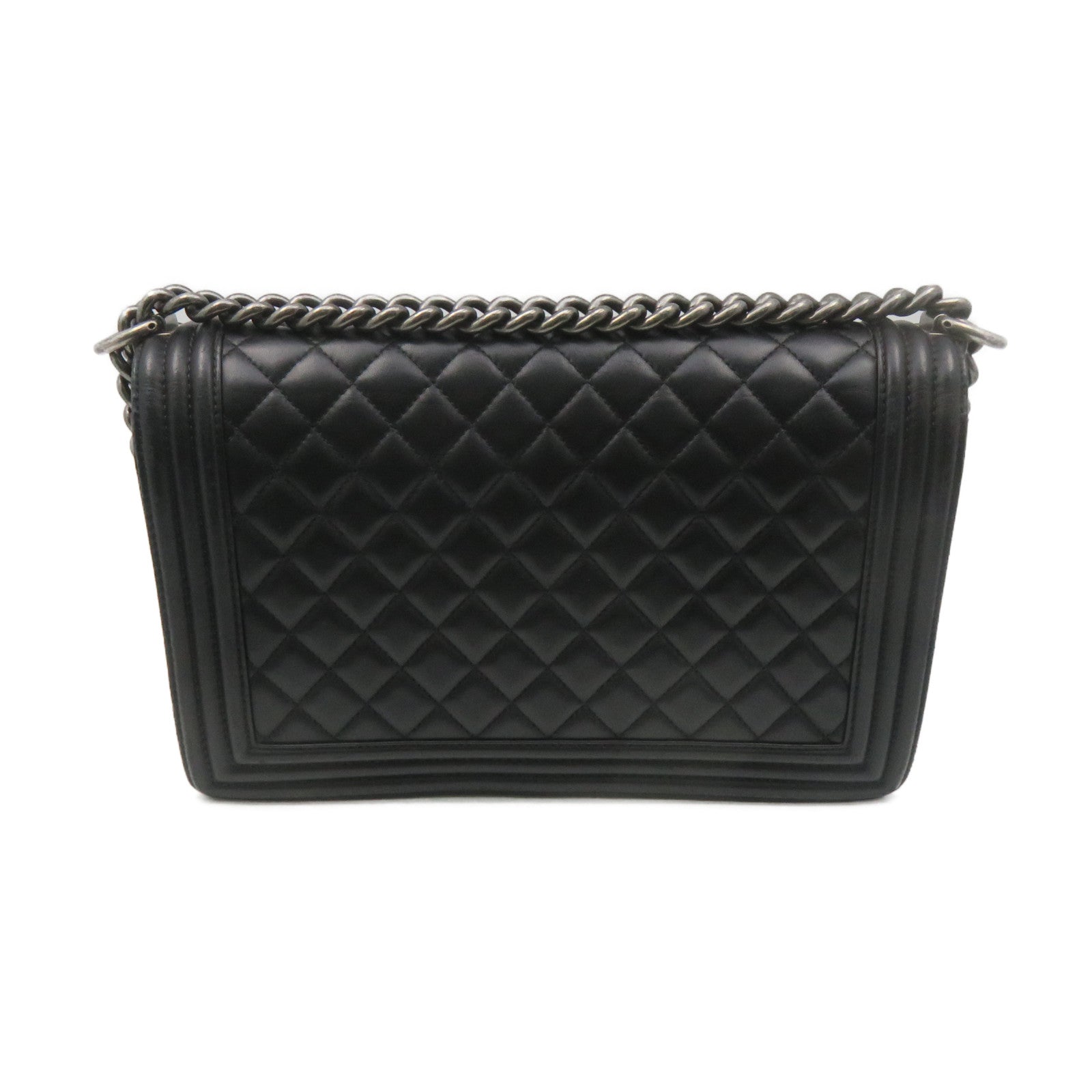 CHANEL 菱格羊皮皮革Boy Chanel 28cm Shoulder Bag銀扣鏈帶肩背袋黑色