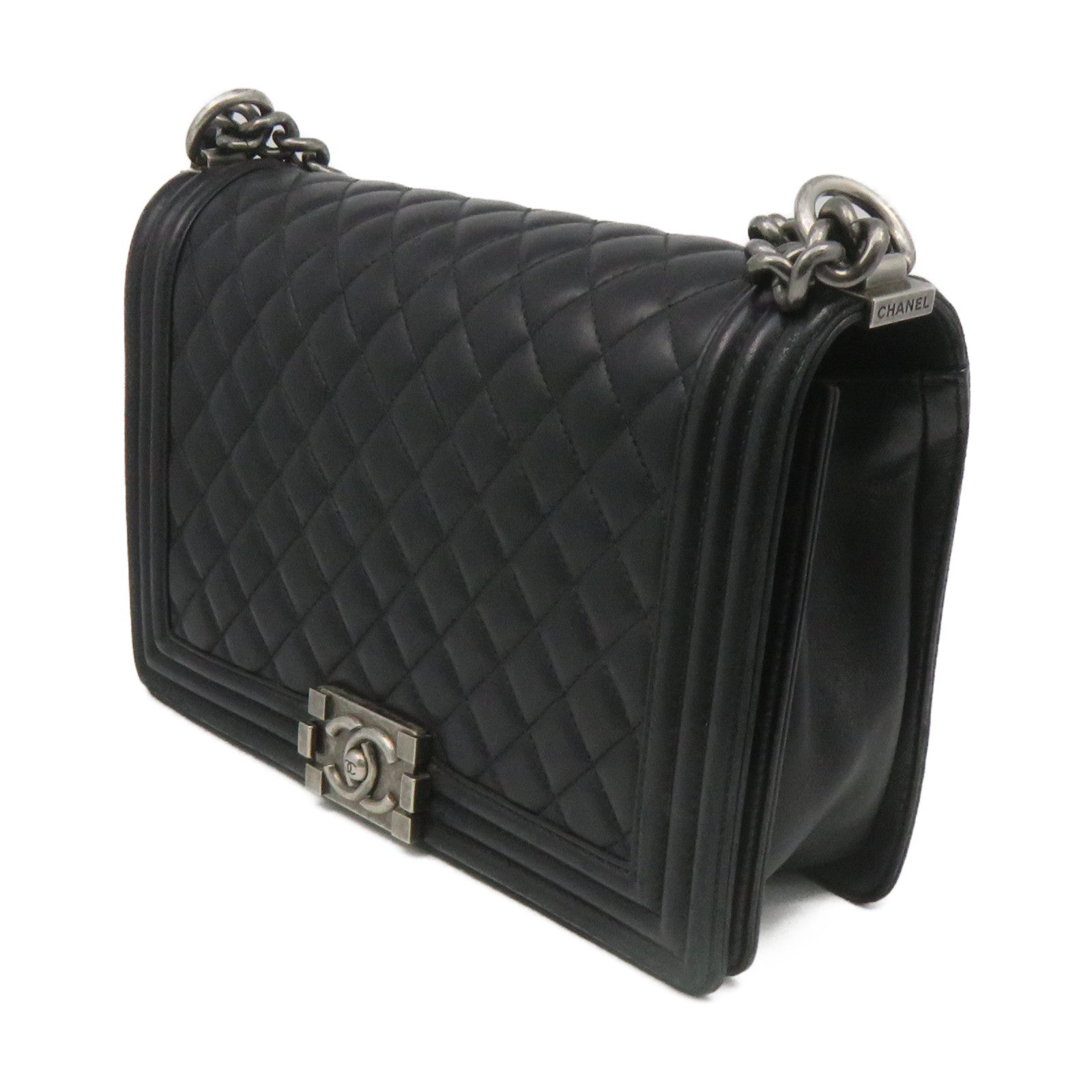 CHANEL 菱格羊皮皮革Boy Chanel 28cm Shoulder Bag銀扣鏈帶肩背袋黑色