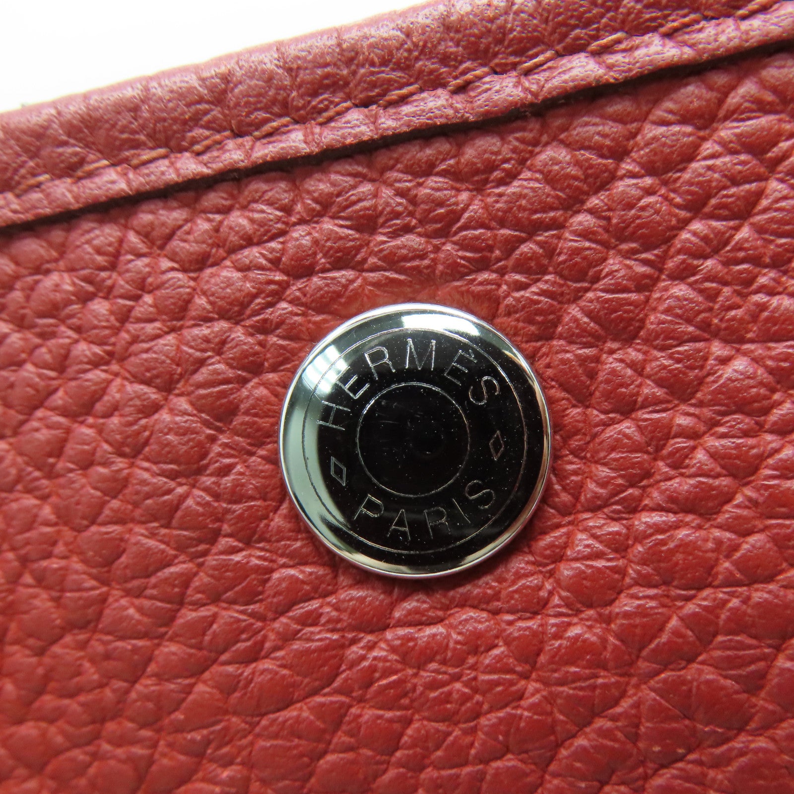 HERMES Clemence Leather Garden Party PM Silver Buckle Handle Bag Red