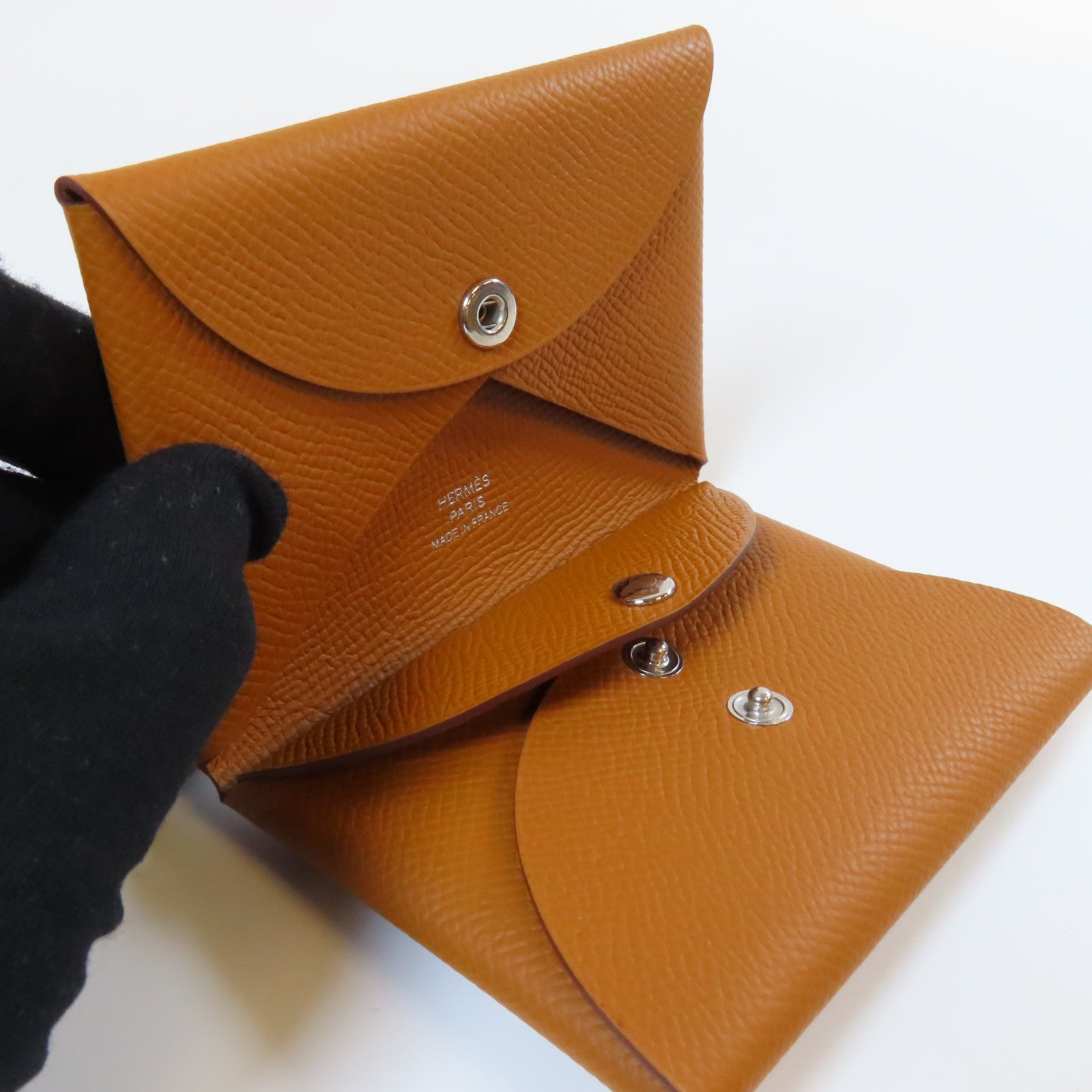 HERMES Epsom皮革Calvi Duo銀扣卡片套啡色